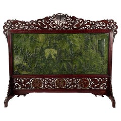 Antique Spinach Jade Four Panel Carved Screen