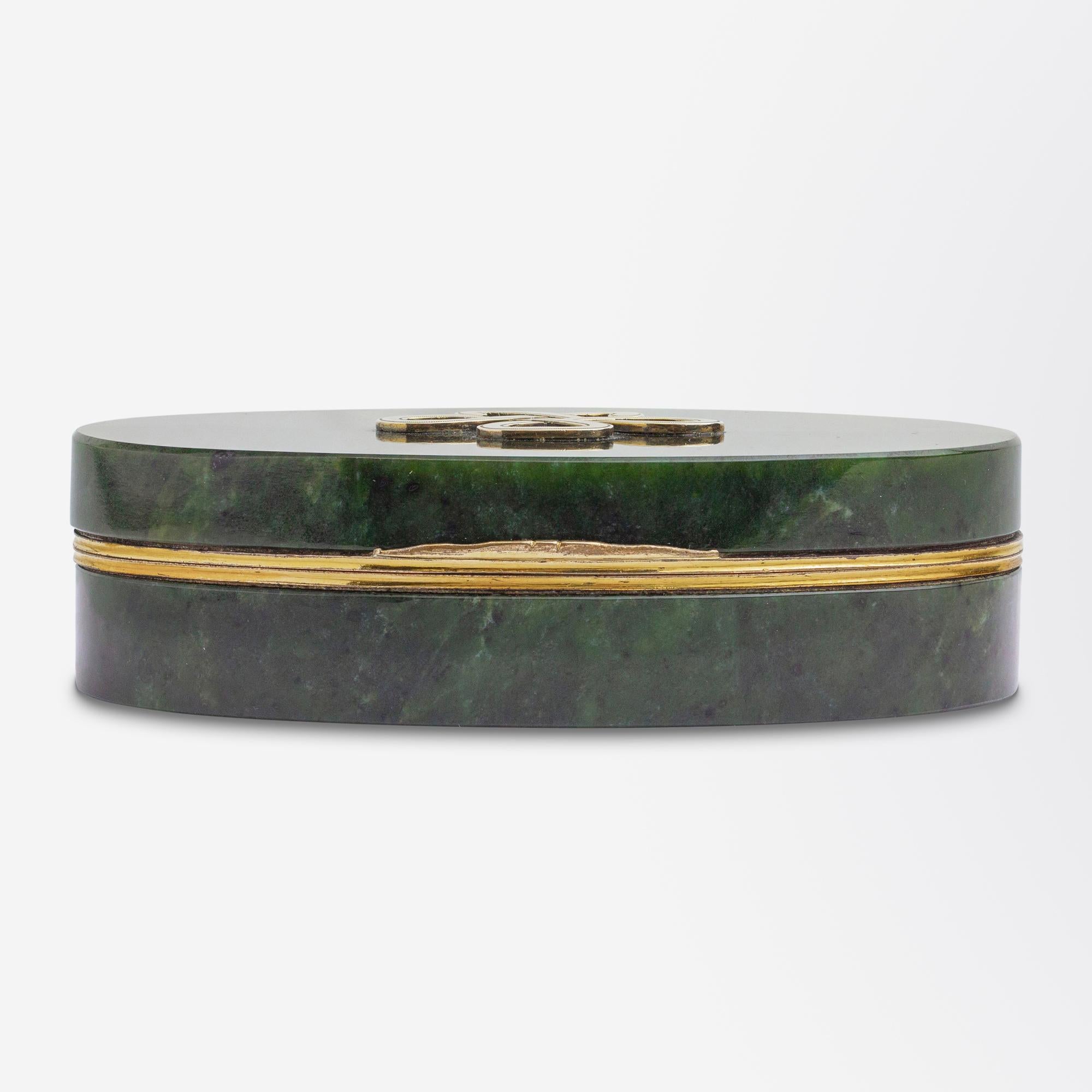 Uncut Spinach Jade & Gilt Metal Box, Likely Russian