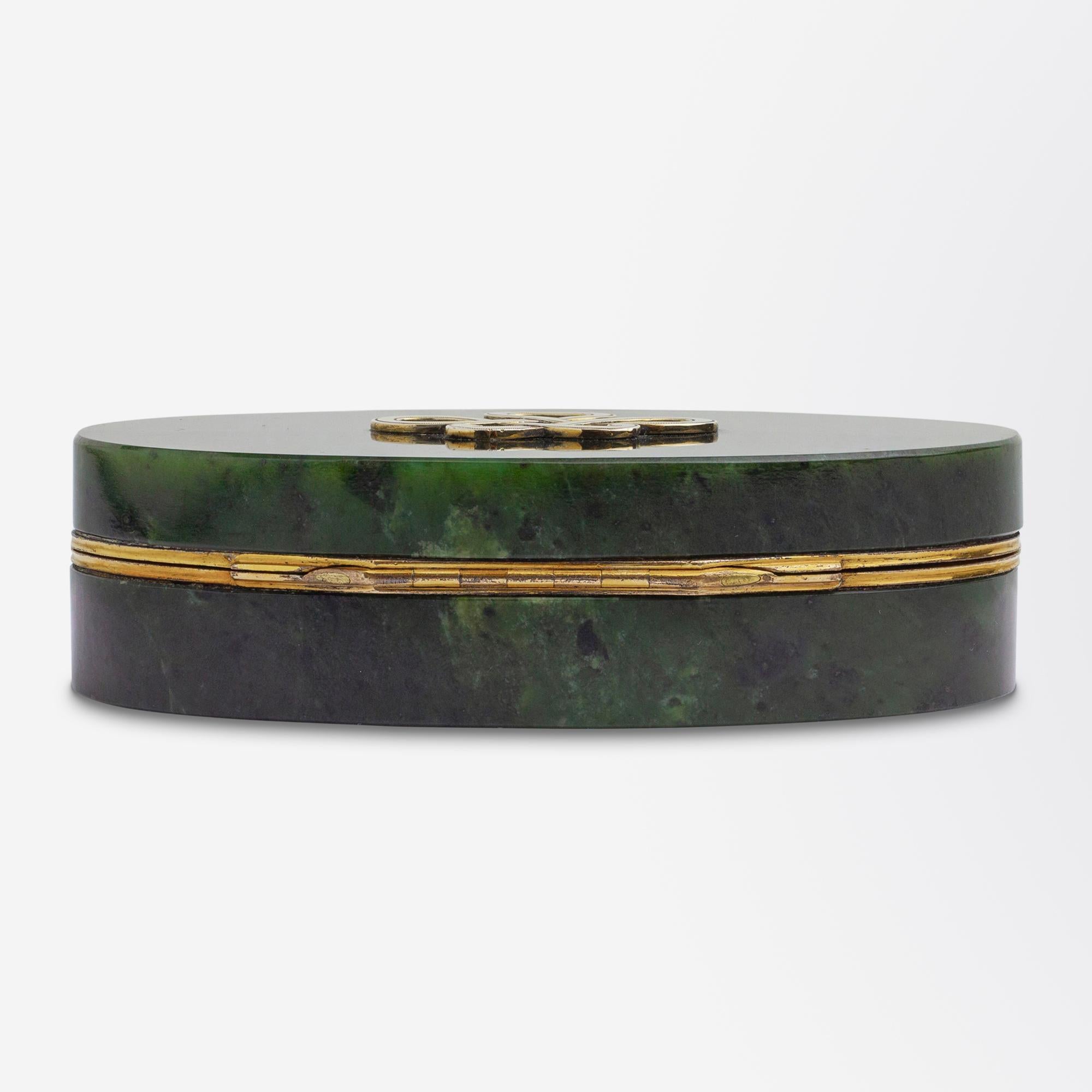 Women's or Men's Spinach Jade & Gilt Metal Box, Likely Russian