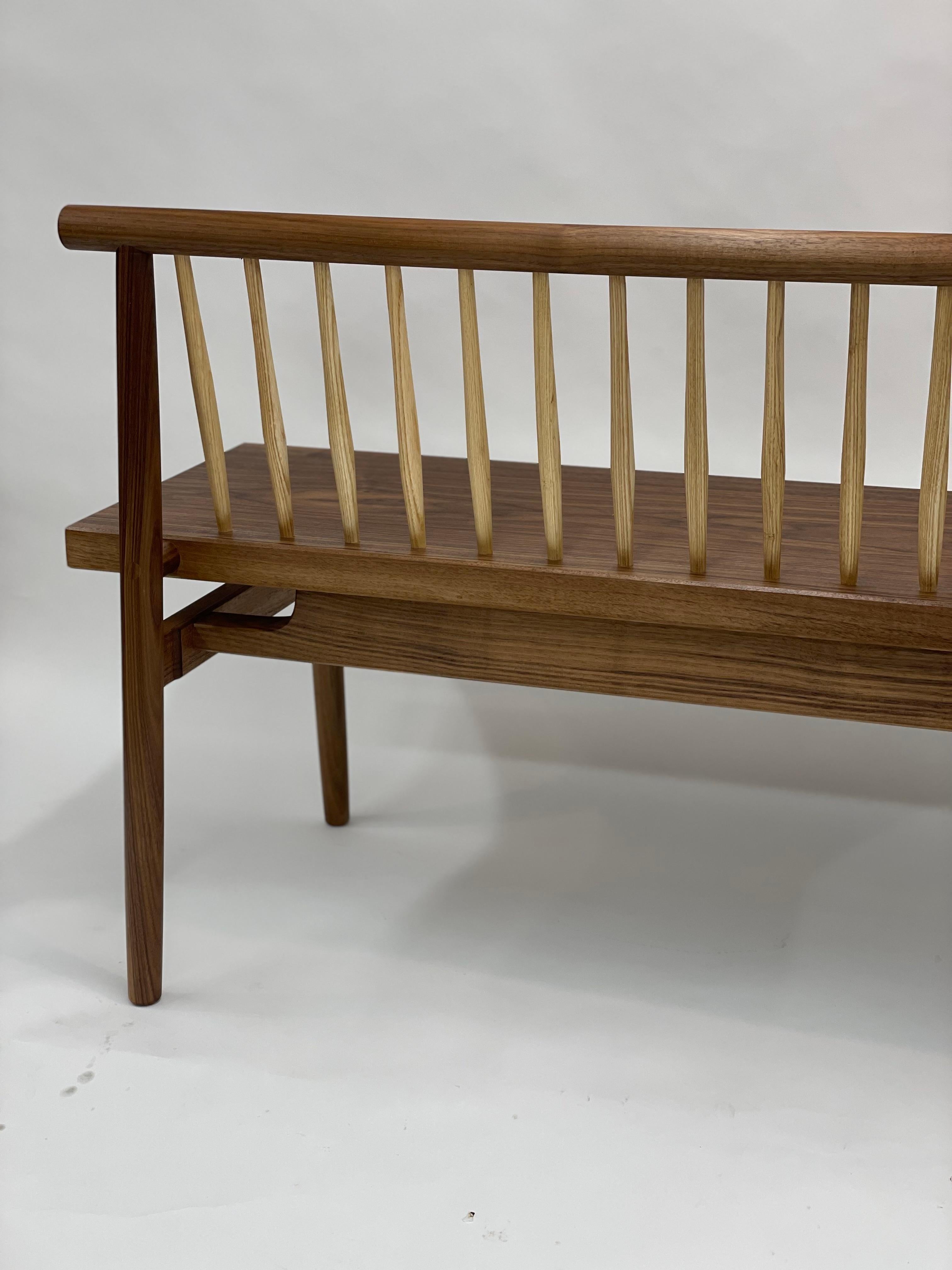 Contemporary Spindle Back Bench in Walnut and Ash For Sale