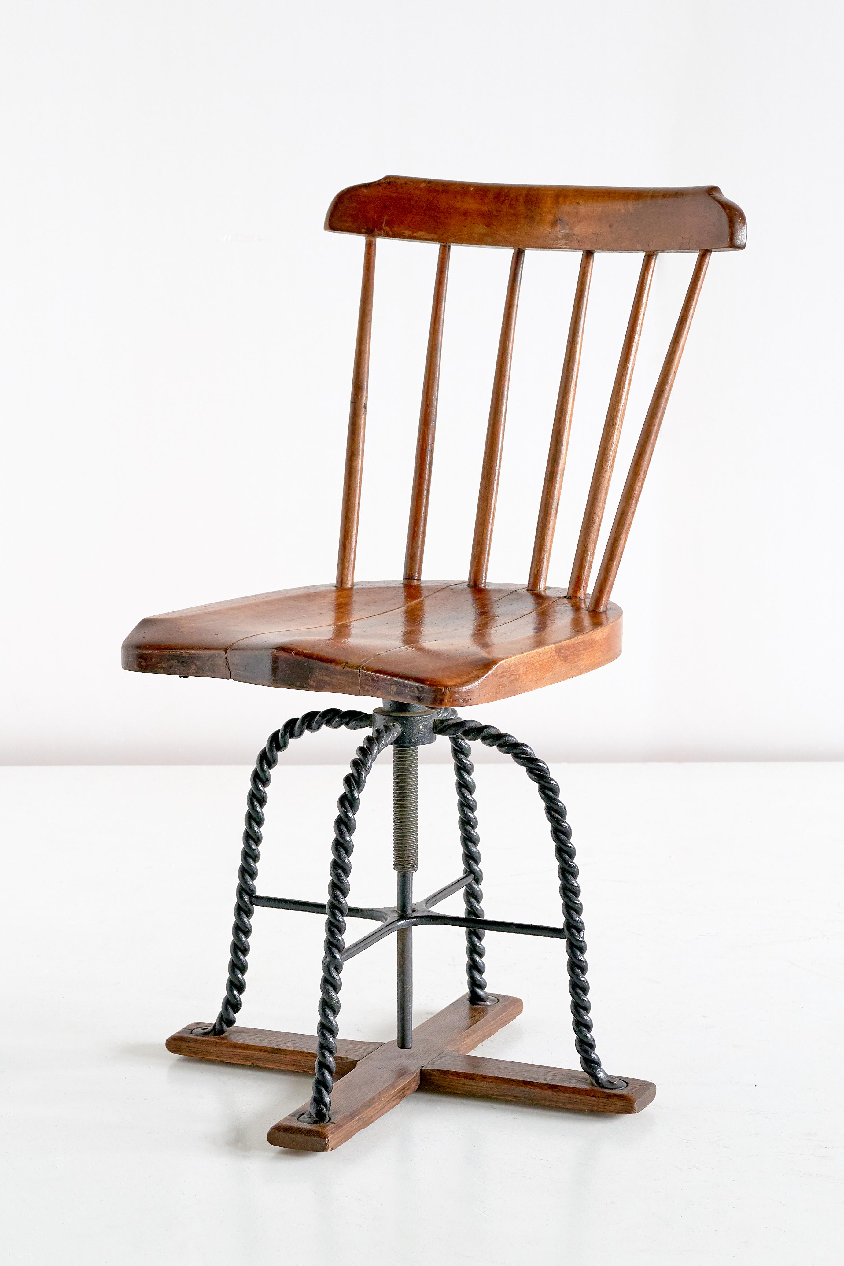 Spindle Back Swivel Desk Chair in Elm and Turned Wrought Iron, Sweden, 1920s 3
