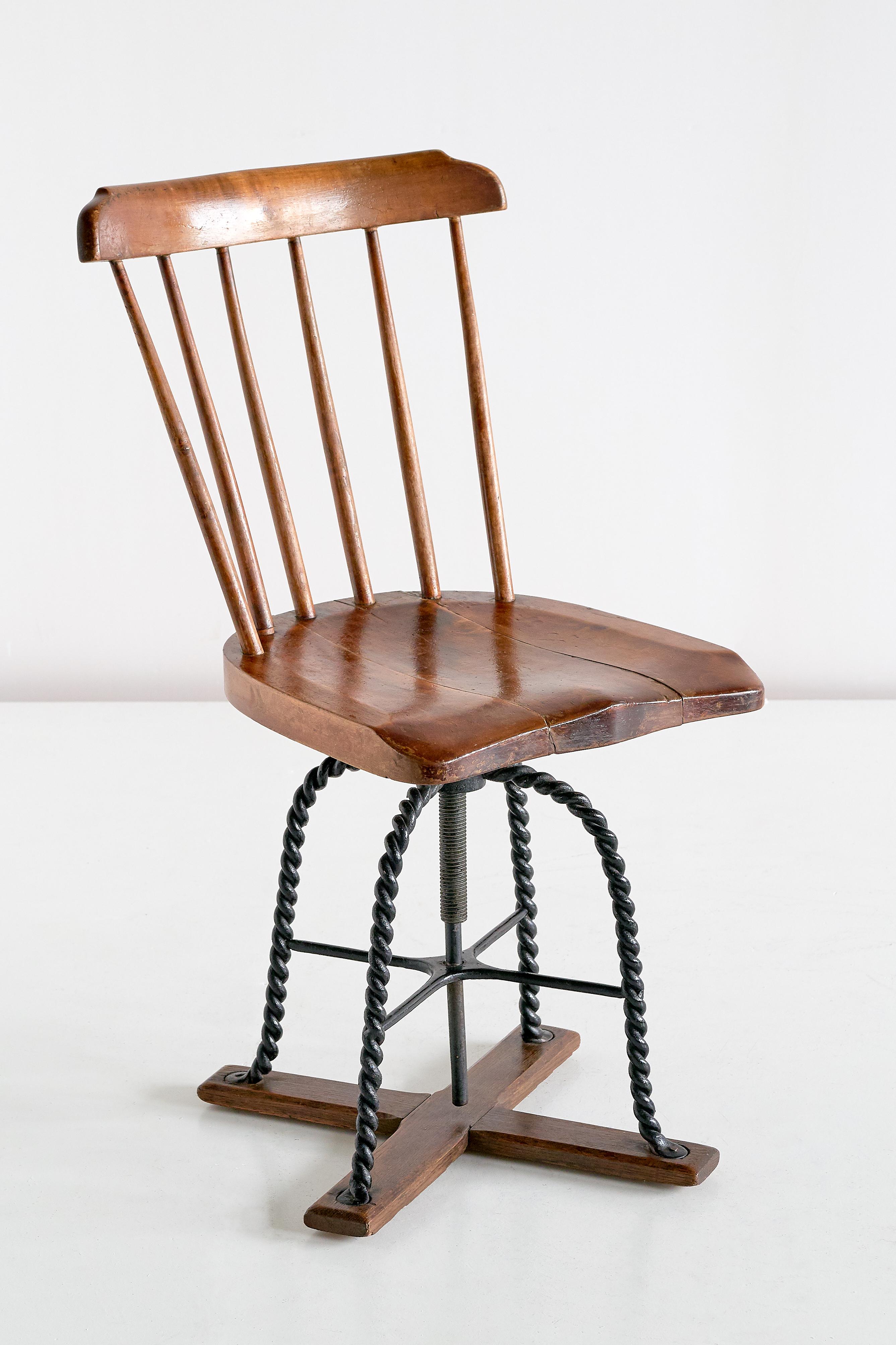 Rustic Spindle Back Swivel Desk Chair in Elm and Turned Wrought Iron, Sweden, 1920s