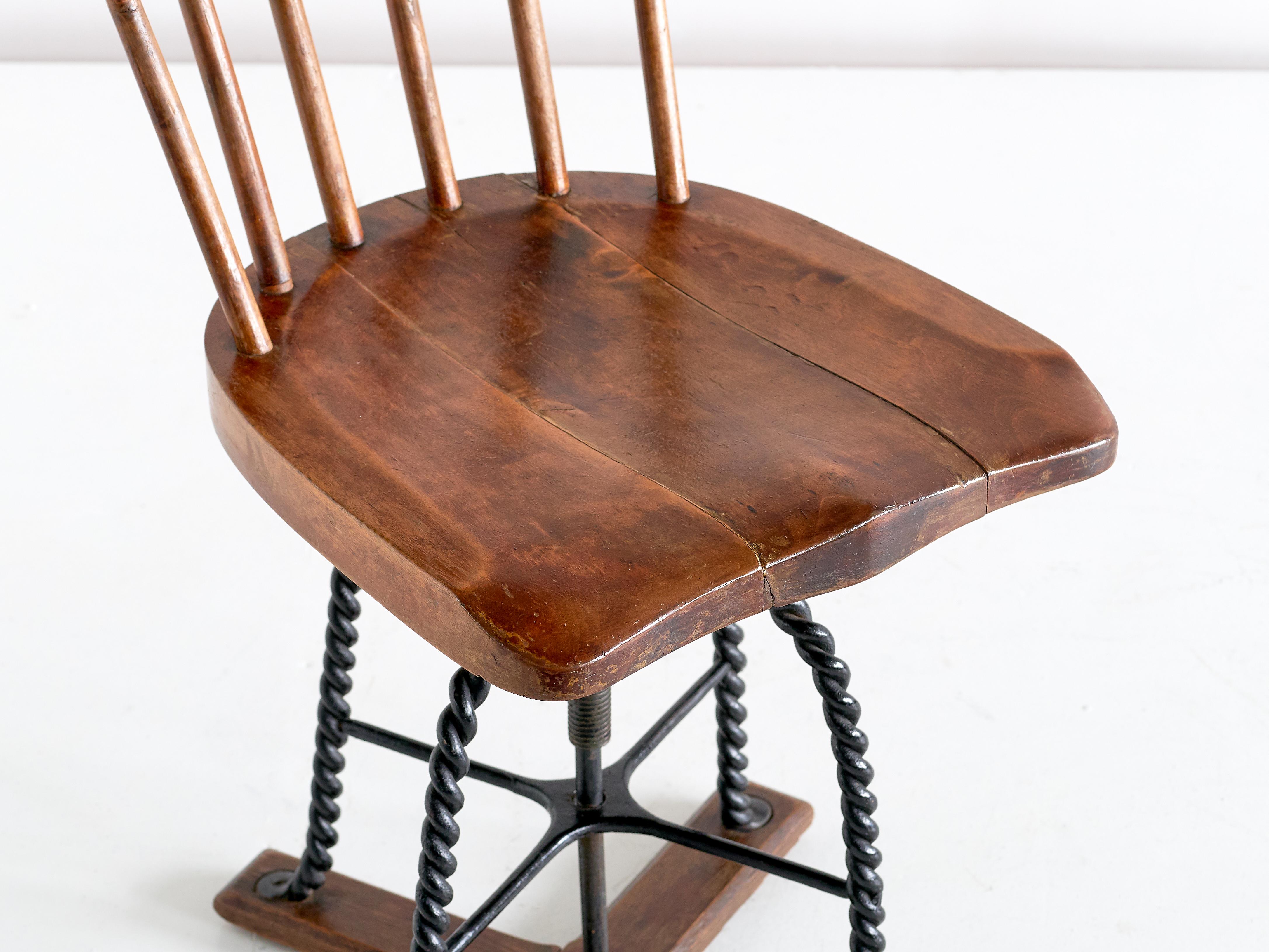 Swedish Spindle Back Swivel Desk Chair in Elm and Turned Wrought Iron, Sweden, 1920s