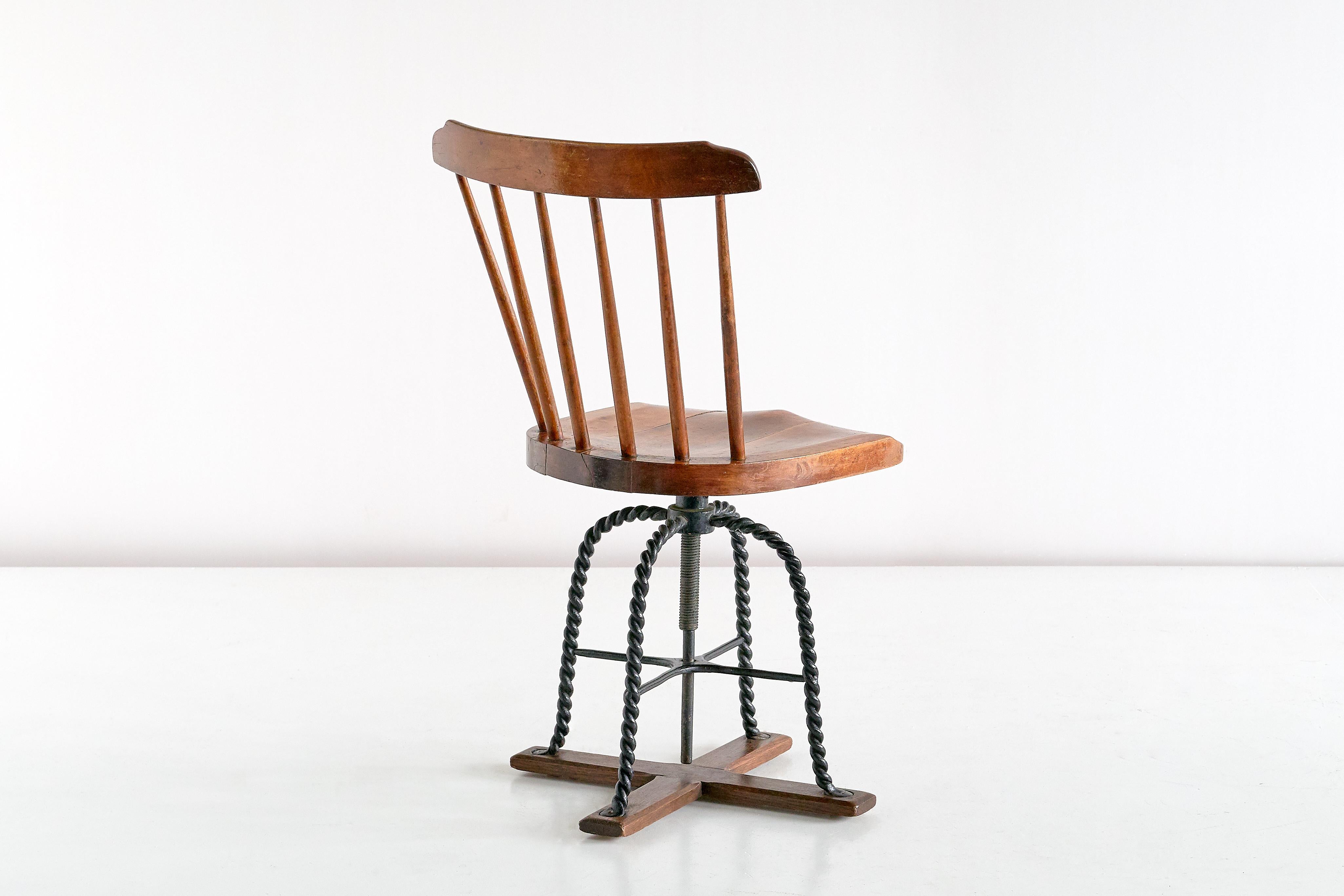 Early 20th Century Spindle Back Swivel Desk Chair in Elm and Turned Wrought Iron, Sweden, 1920s