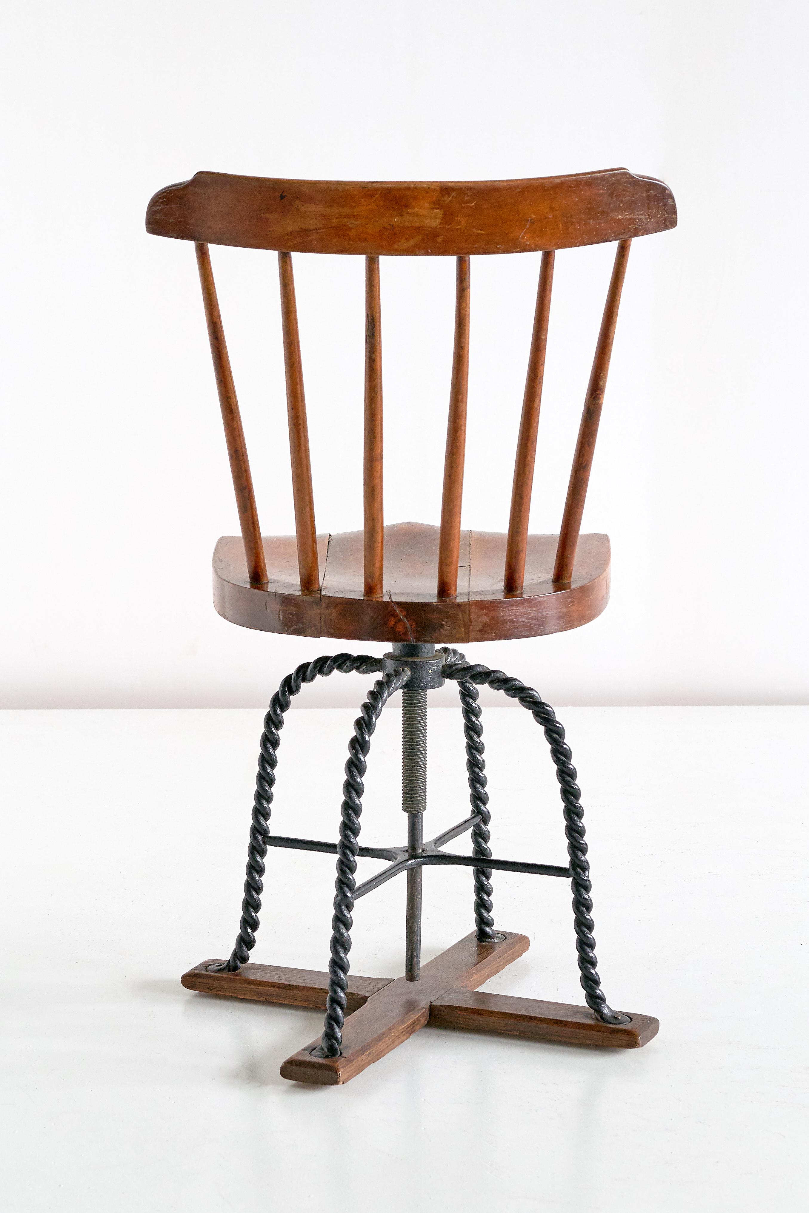 Spindle Back Swivel Desk Chair in Elm and Turned Wrought Iron, Sweden, 1920s 1