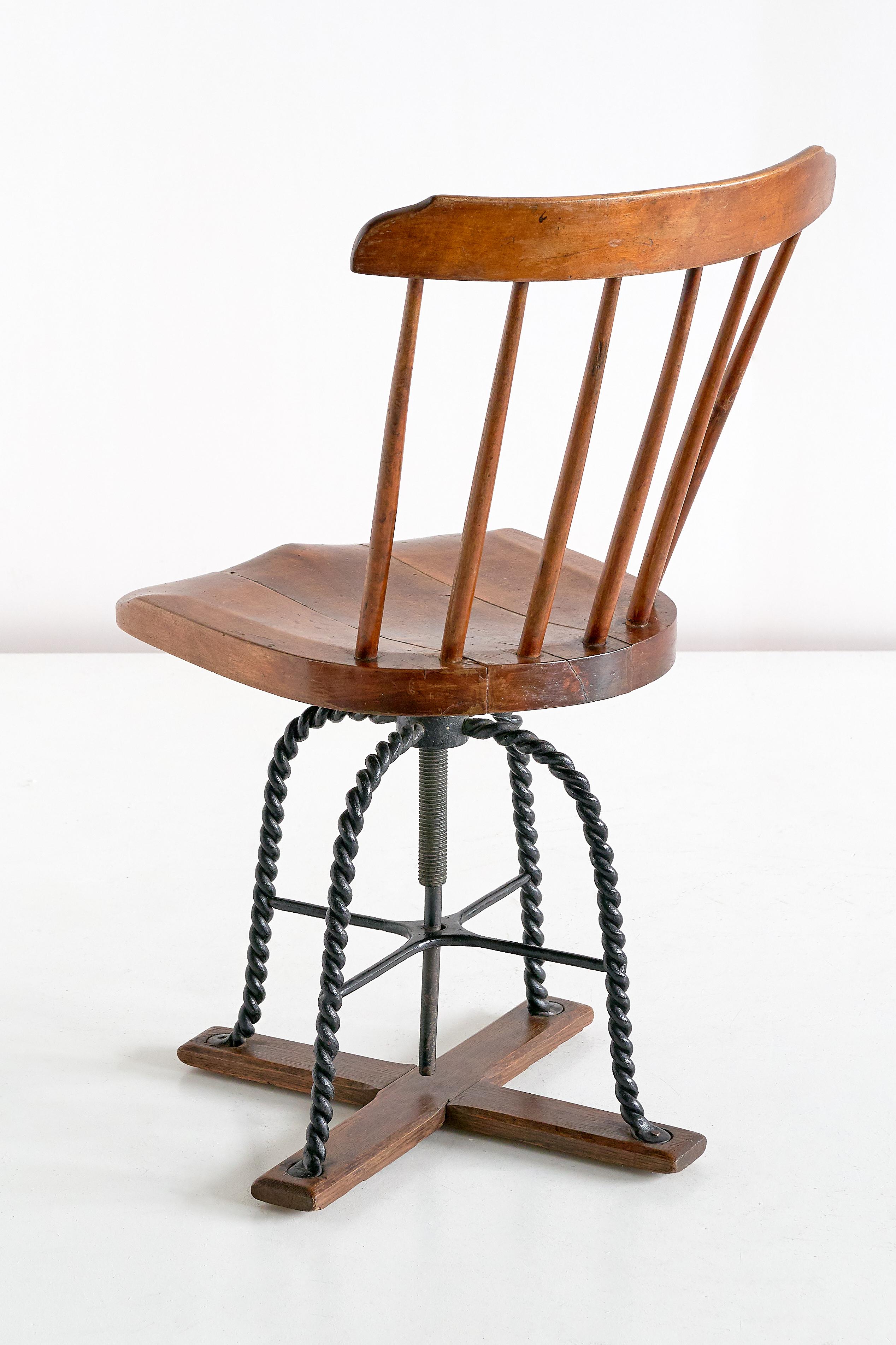 Spindle Back Swivel Desk Chair in Elm and Turned Wrought Iron, Sweden, 1920s 2
