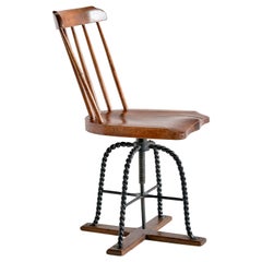 Spindle Back Swivel Desk Chair in Elm and Turned Wrought Iron, Sweden, 1920s