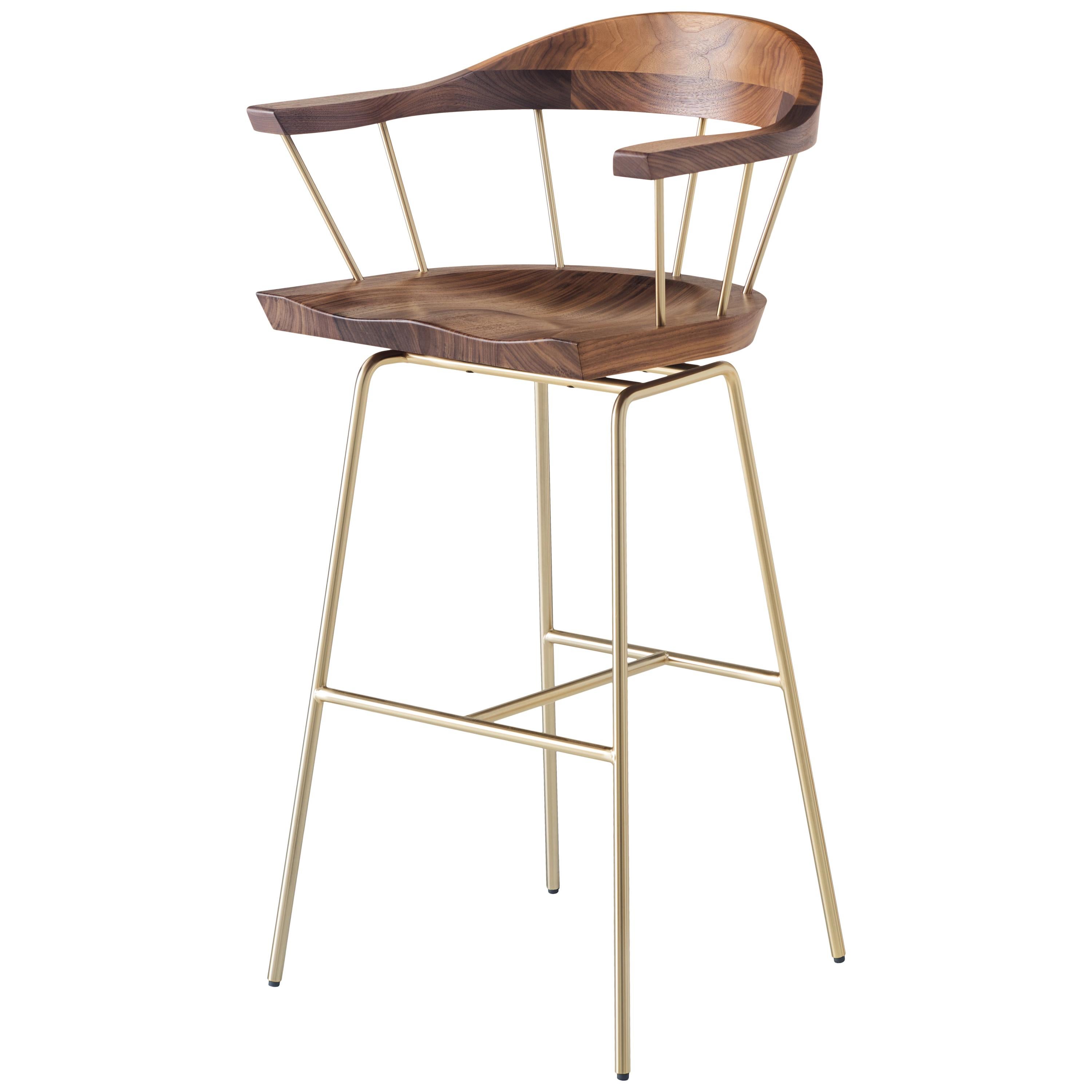 For Sale: Brown (Metal Satin Brass) Spindle Bar Chair in Solid Walnut and Steel Designed by Craig Bassam