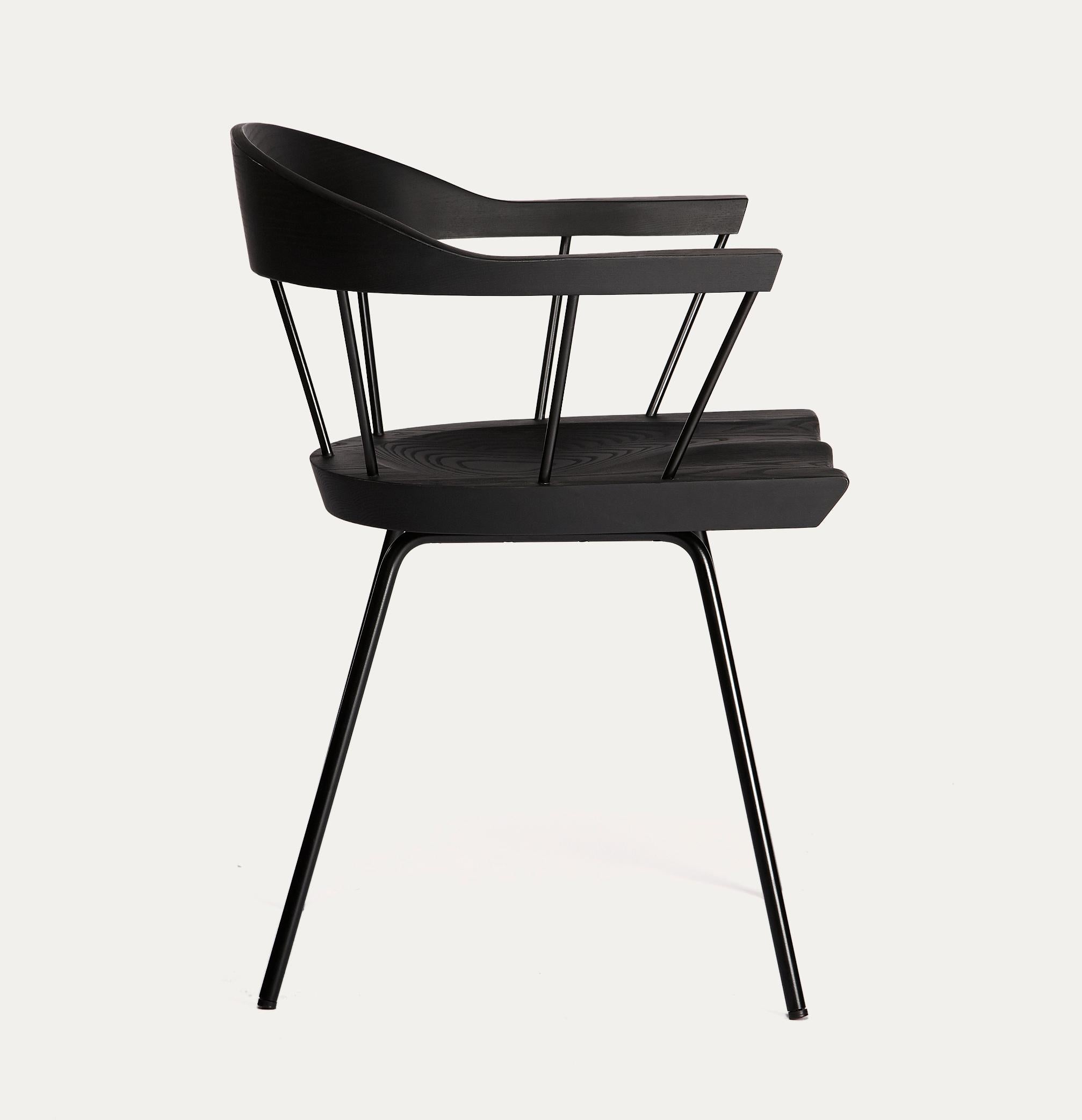 For Sale: Black (Metal Matte Black) Spindle Chair in Solid, Carved Ebonized Ash and Steel Designed by Craig Bassam 5