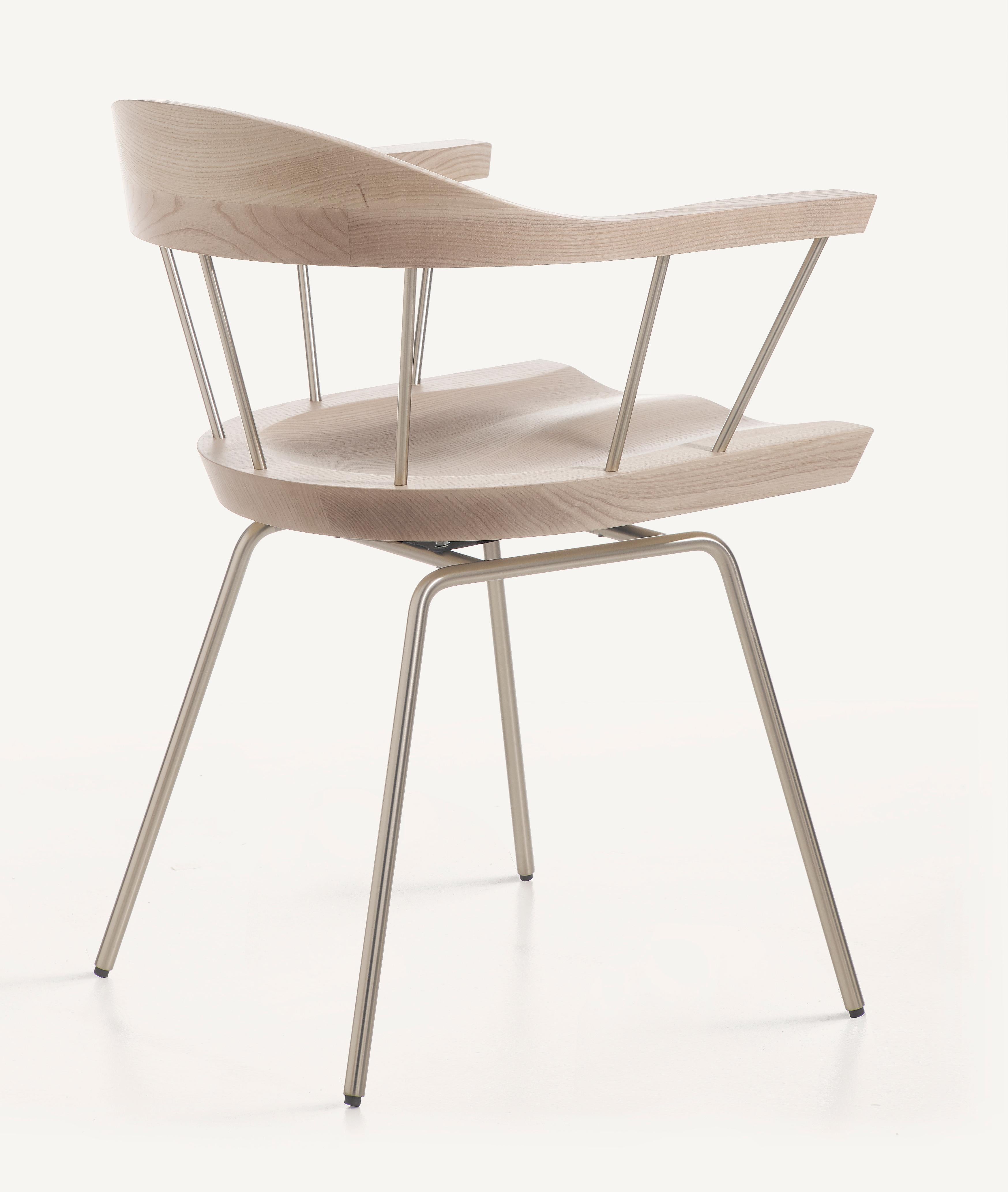 For Sale: Silver (Metal Satin Nickel) Spindle Chair in Solid, Carved White Ash and Steel Designed by Craig Bassam 2