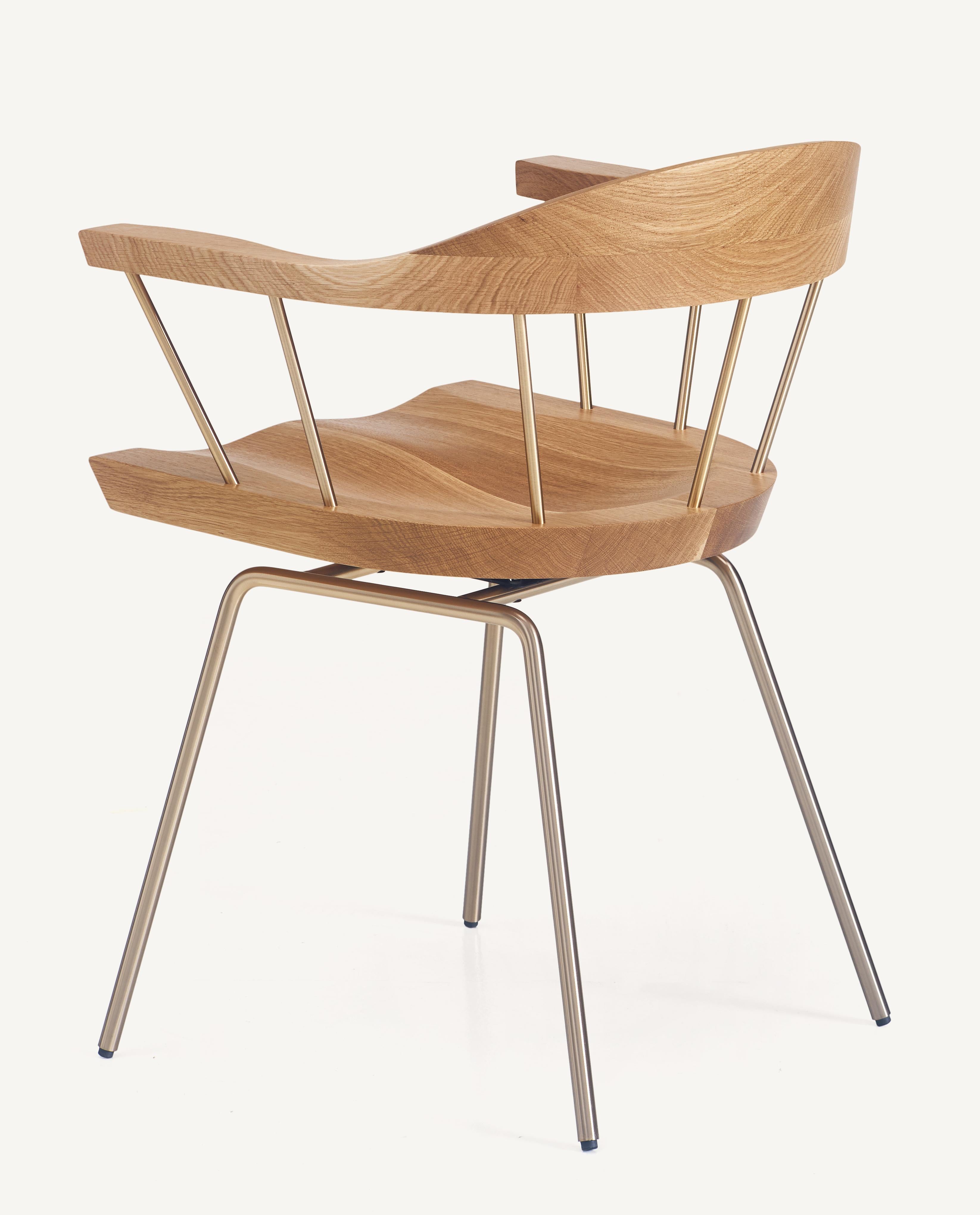 For Sale: Brown (Metal Satin Brass) Spindle Chair in Solid, Carved White Oak and Steel Designed by Craig Bassam 2