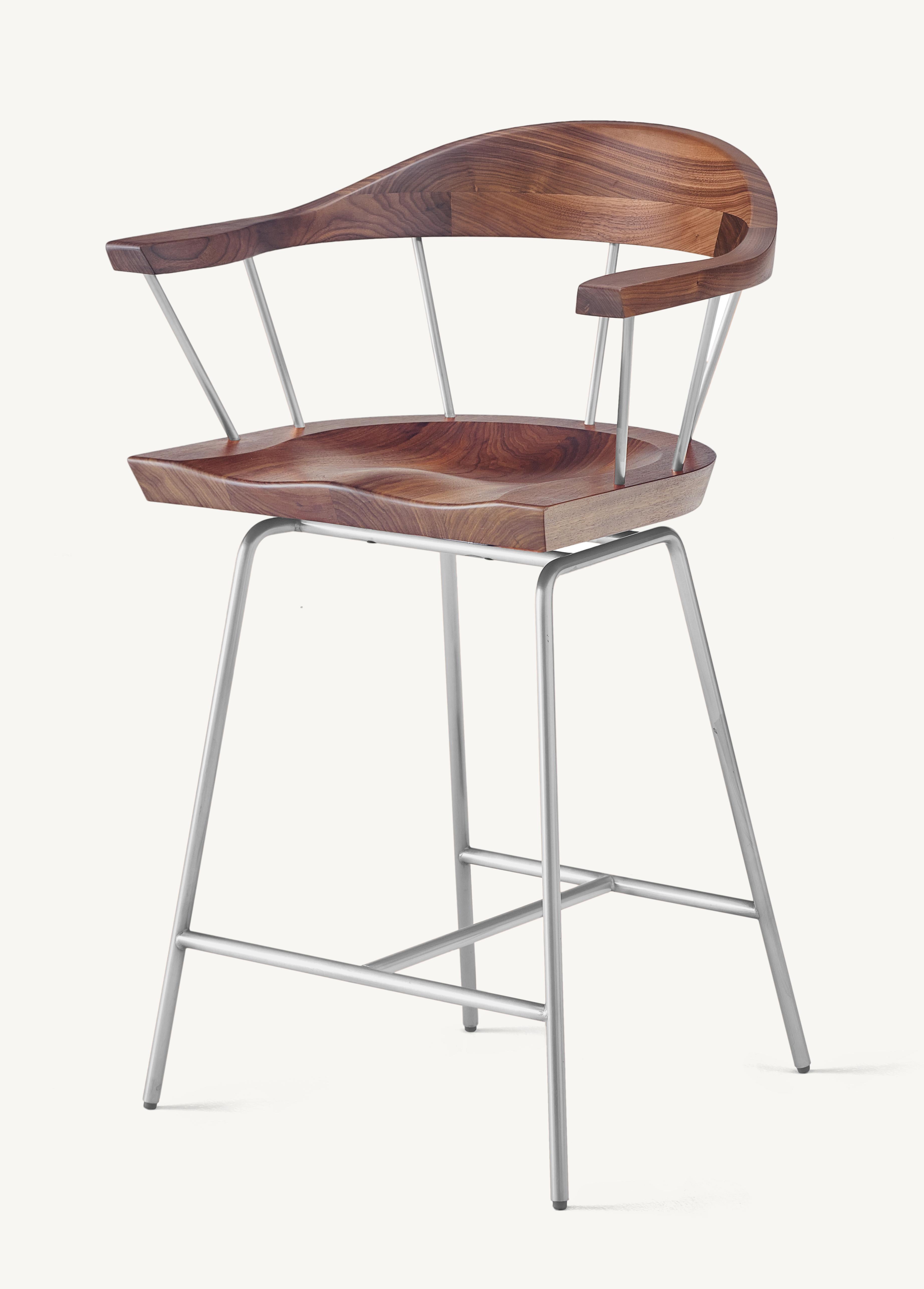 For Sale: Silver (Metal Satin Nickel) Spindle Counter Chair in Solid Walnut and Steel Designed by Craig Bassam