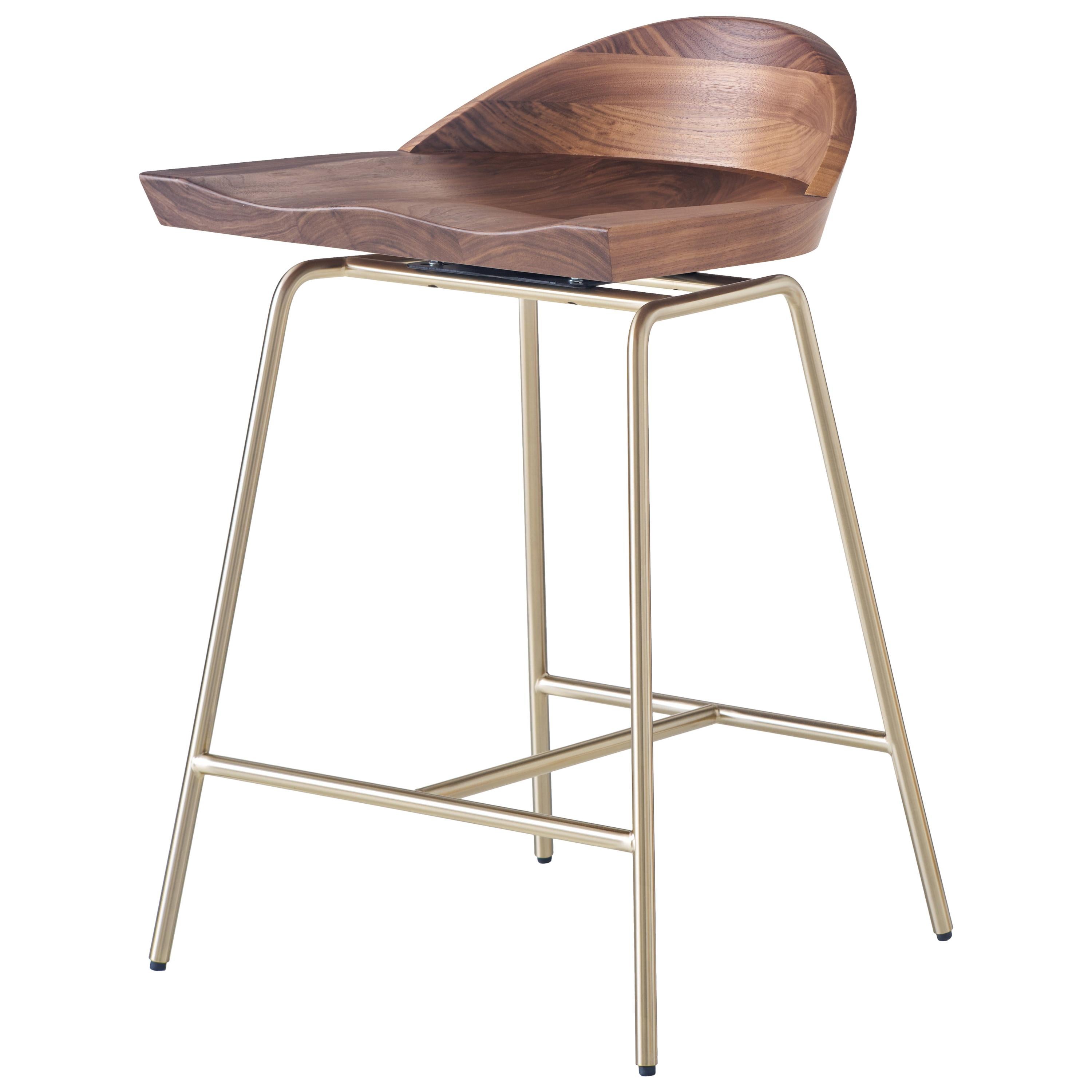 For Sale: Brown (Metal Satin Brass) Spindle Counter Stool in Solid Walnut and Steel Designed by Craig Bassam