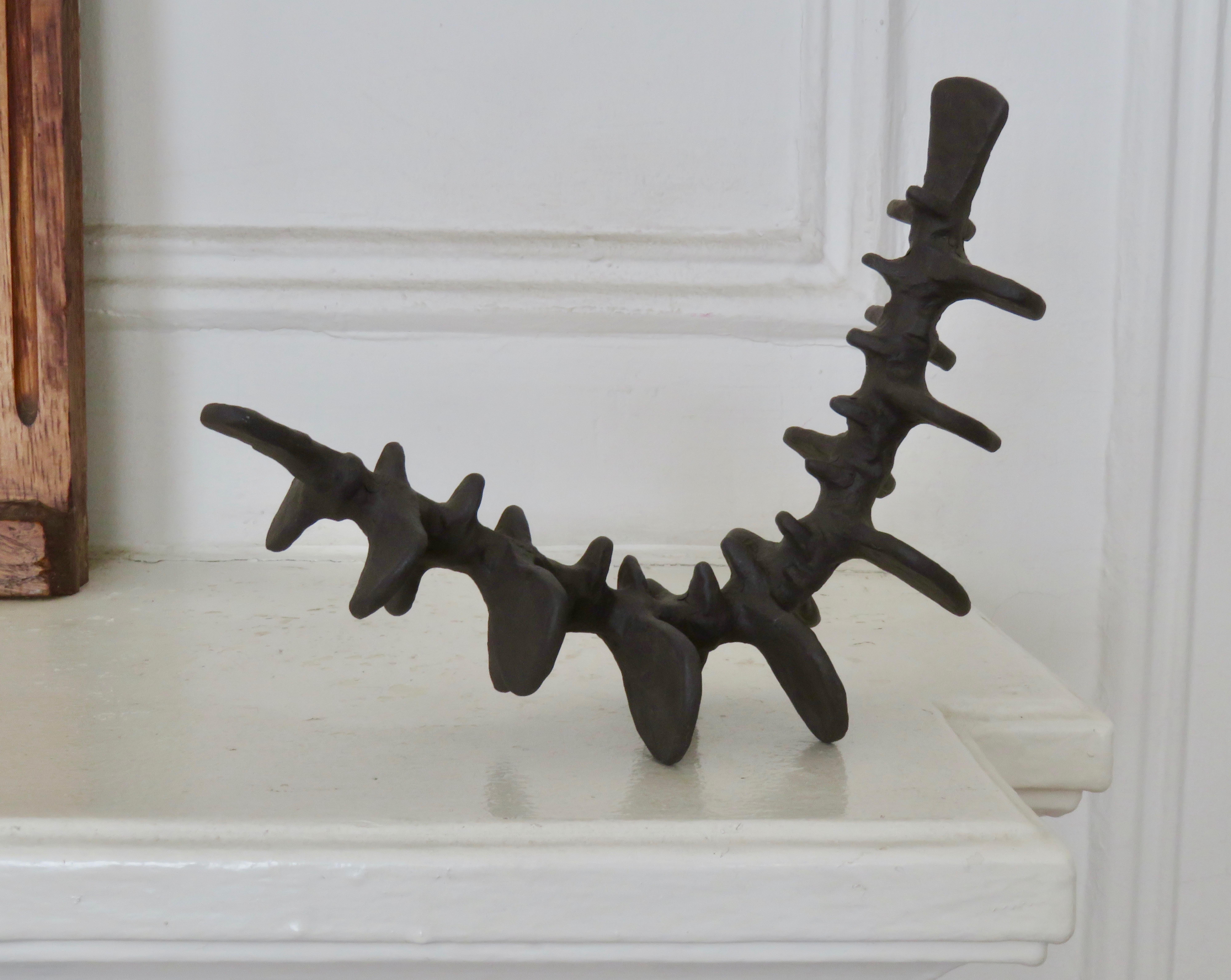 Deep Brown Spine-Like Ceramic Sculpture in Brown Stoneware, Hand Built 5