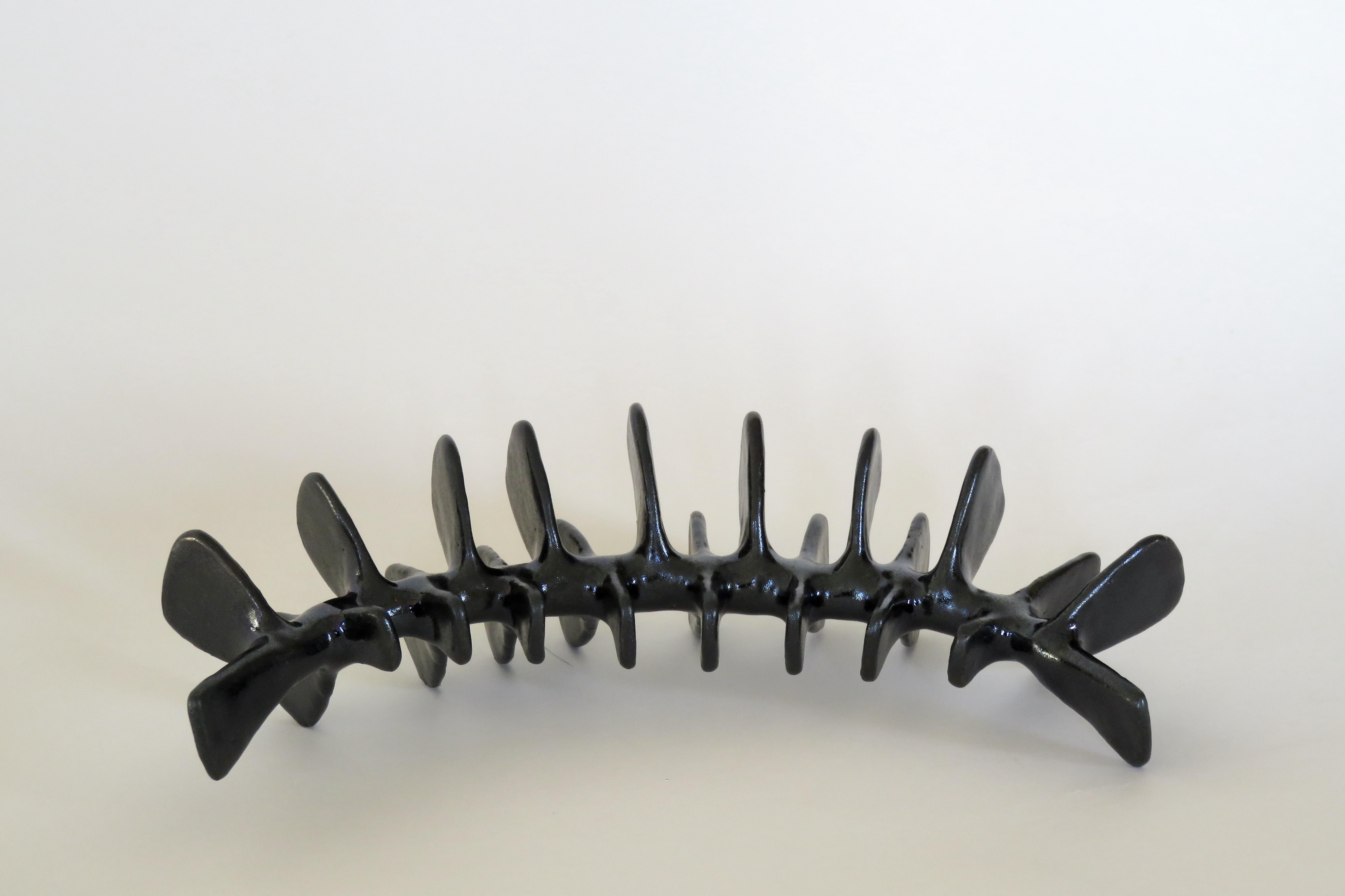Spine-Like Ceramic Sculpture with Satin Black Glaze Hand Built in Stoneware Clay 4