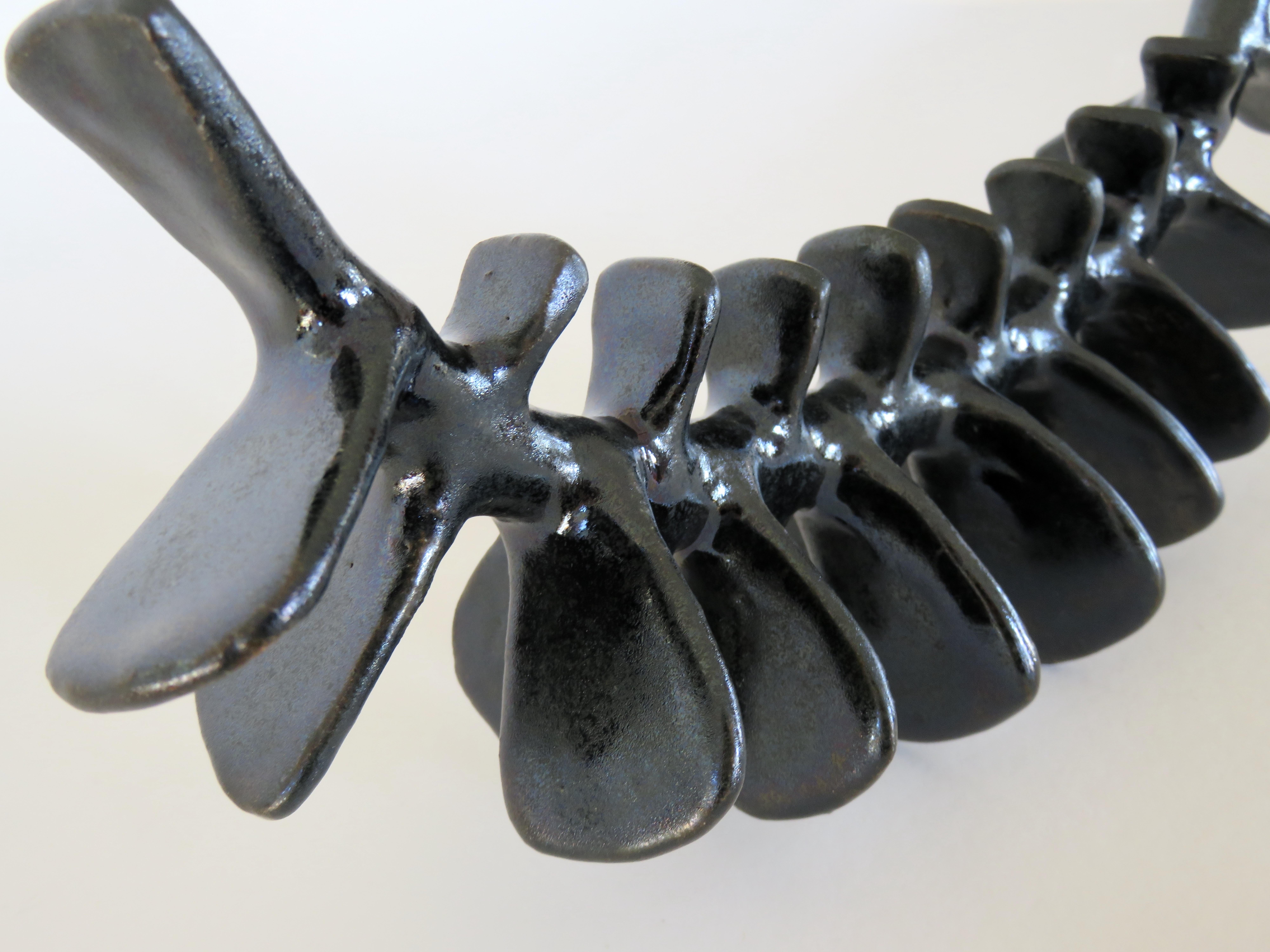 Hand-Crafted Spine-Like Ceramic Sculpture with Satin Black Glaze Hand Built in Stoneware Clay