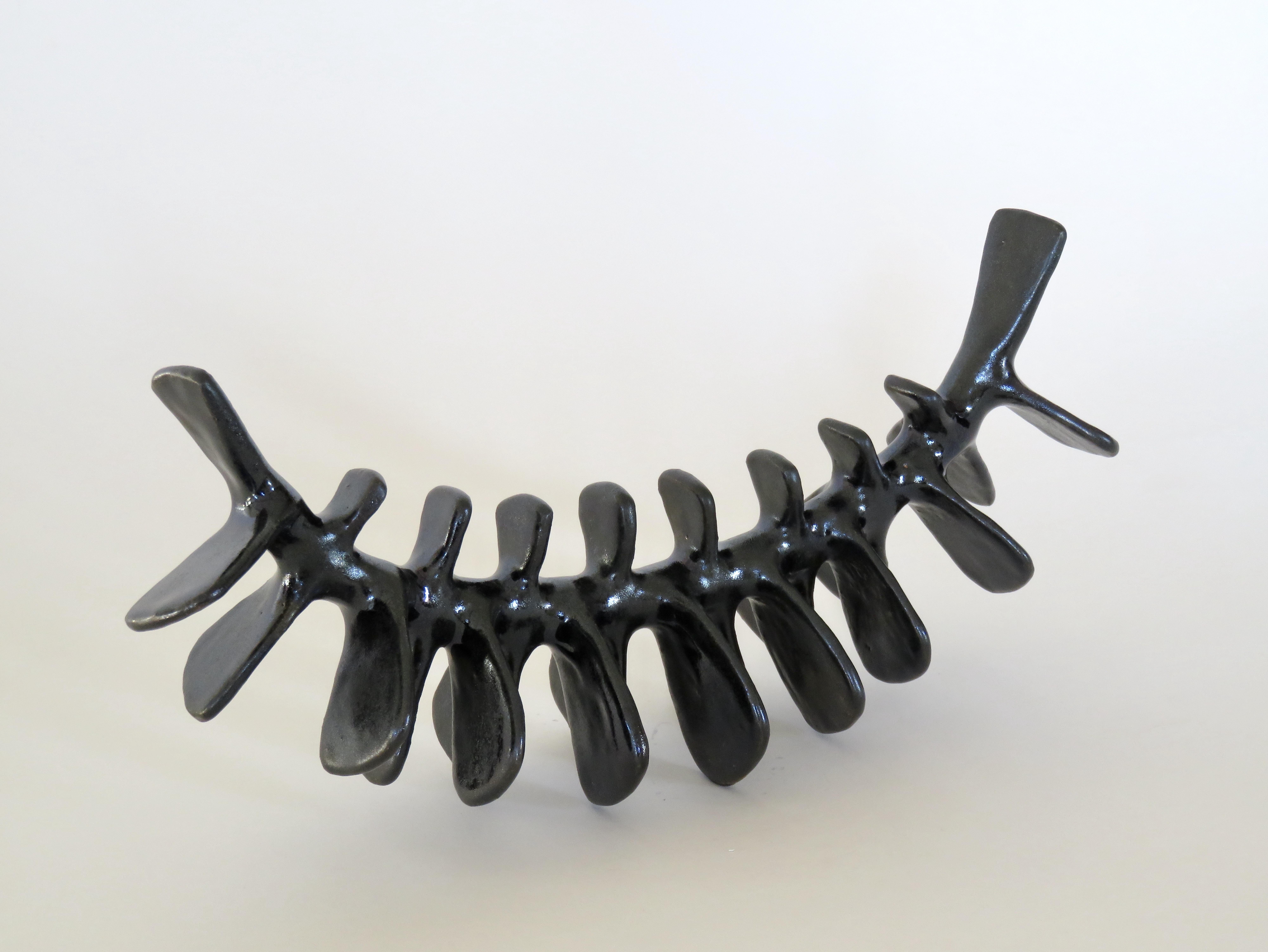Spine-Like Ceramic Sculpture with Satin Black Glaze Hand Built in Stoneware Clay In New Condition In New York, NY