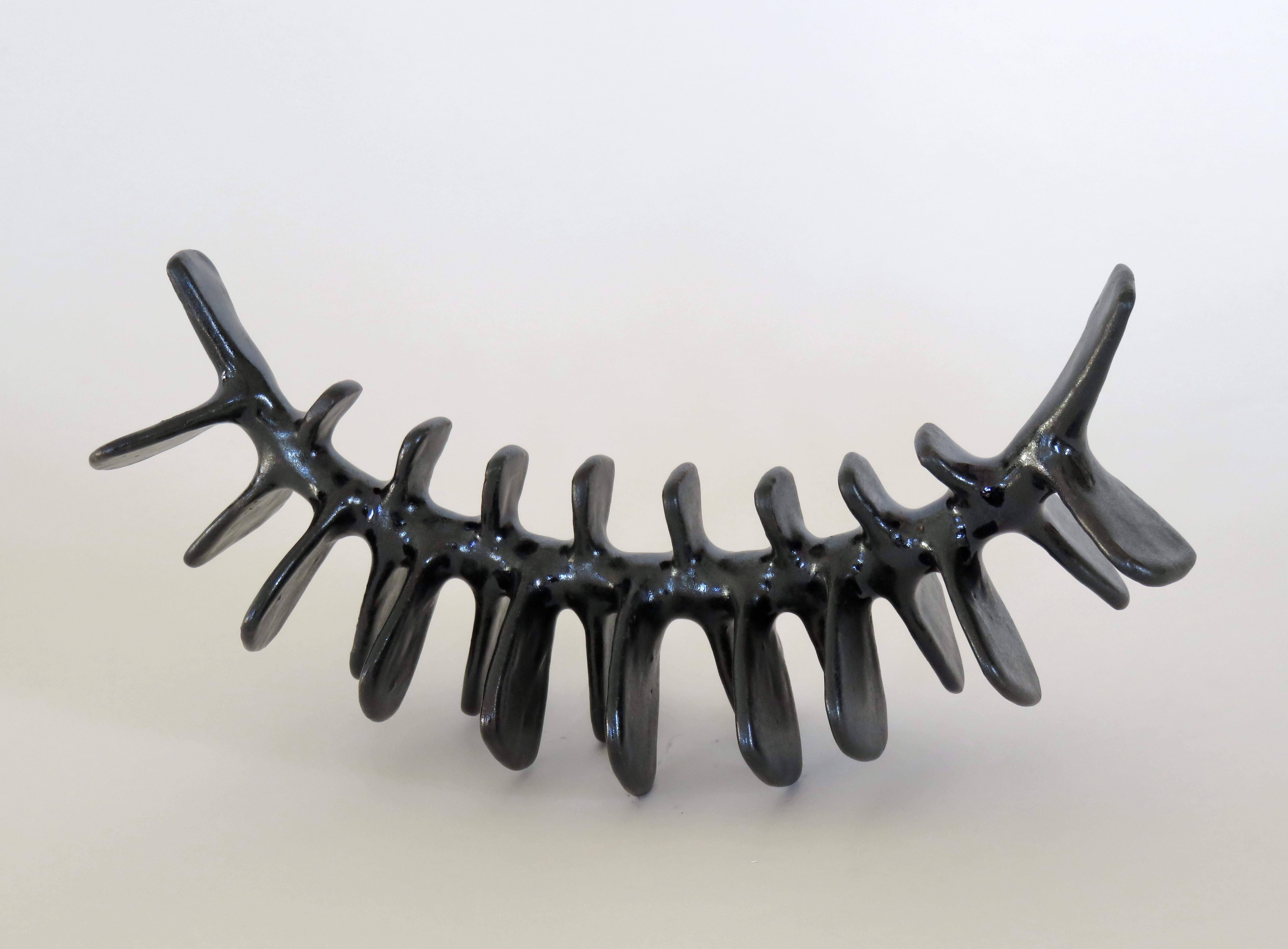 Contemporary Spine-Like Ceramic Sculpture with Satin Black Glaze Hand Built in Stoneware Clay