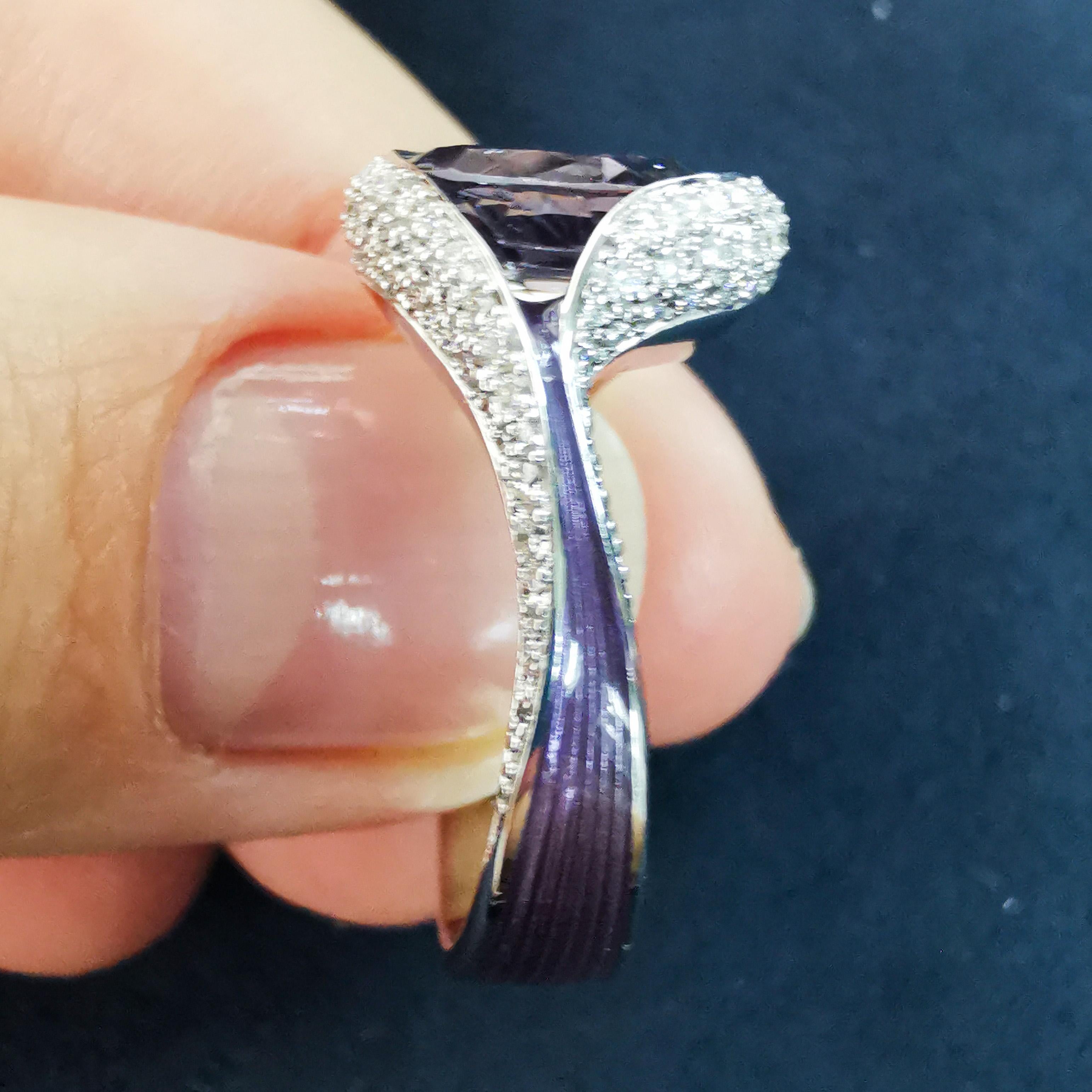 Oval Cut Spinel 2.95 Carat Diamonds Enamel 18 Karat White Gold Melted Colors Ring For Sale