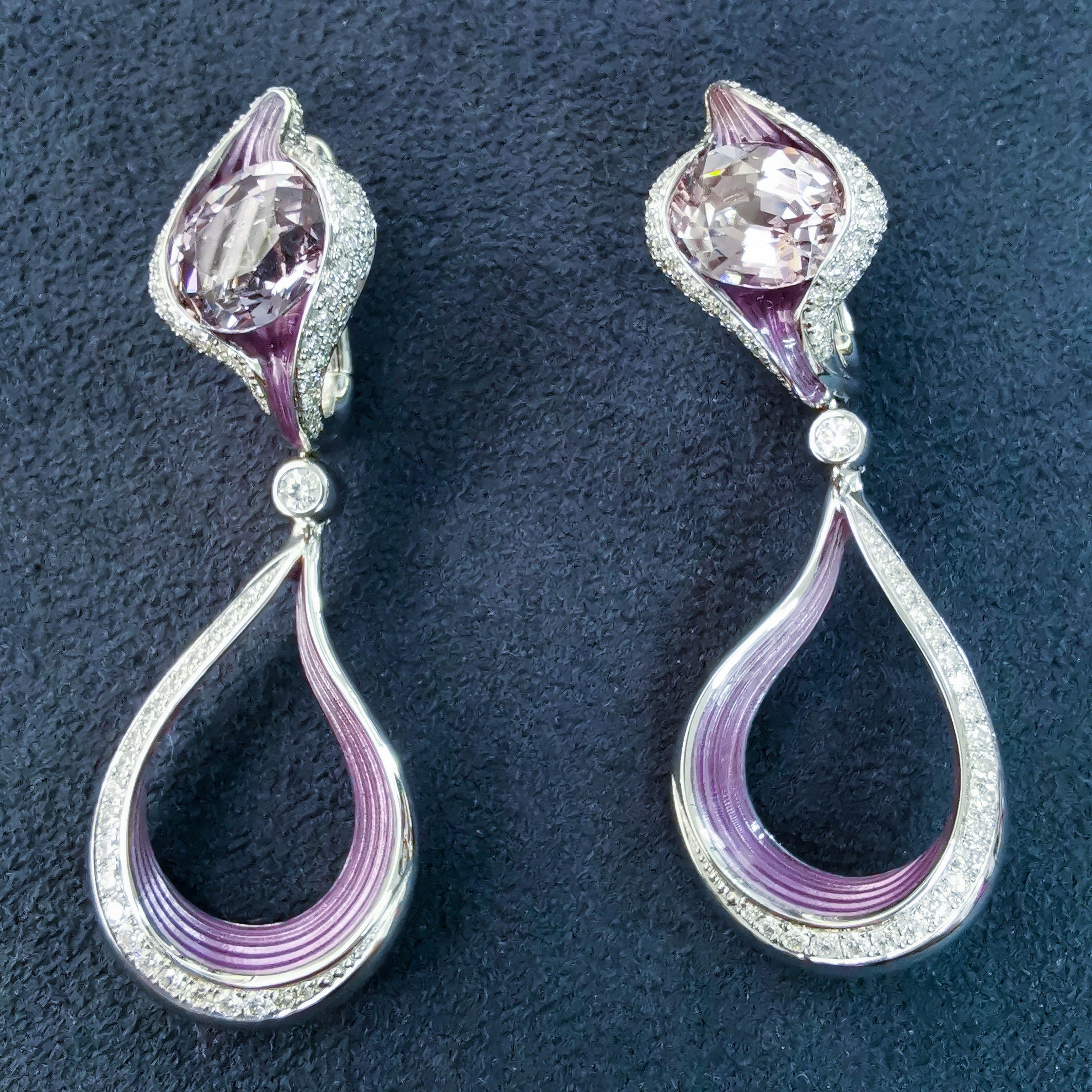 Contemporary Spinel 4.72 Carat Diamonds Enamel 18 Karat White Gold Melted Colors Earrings For Sale