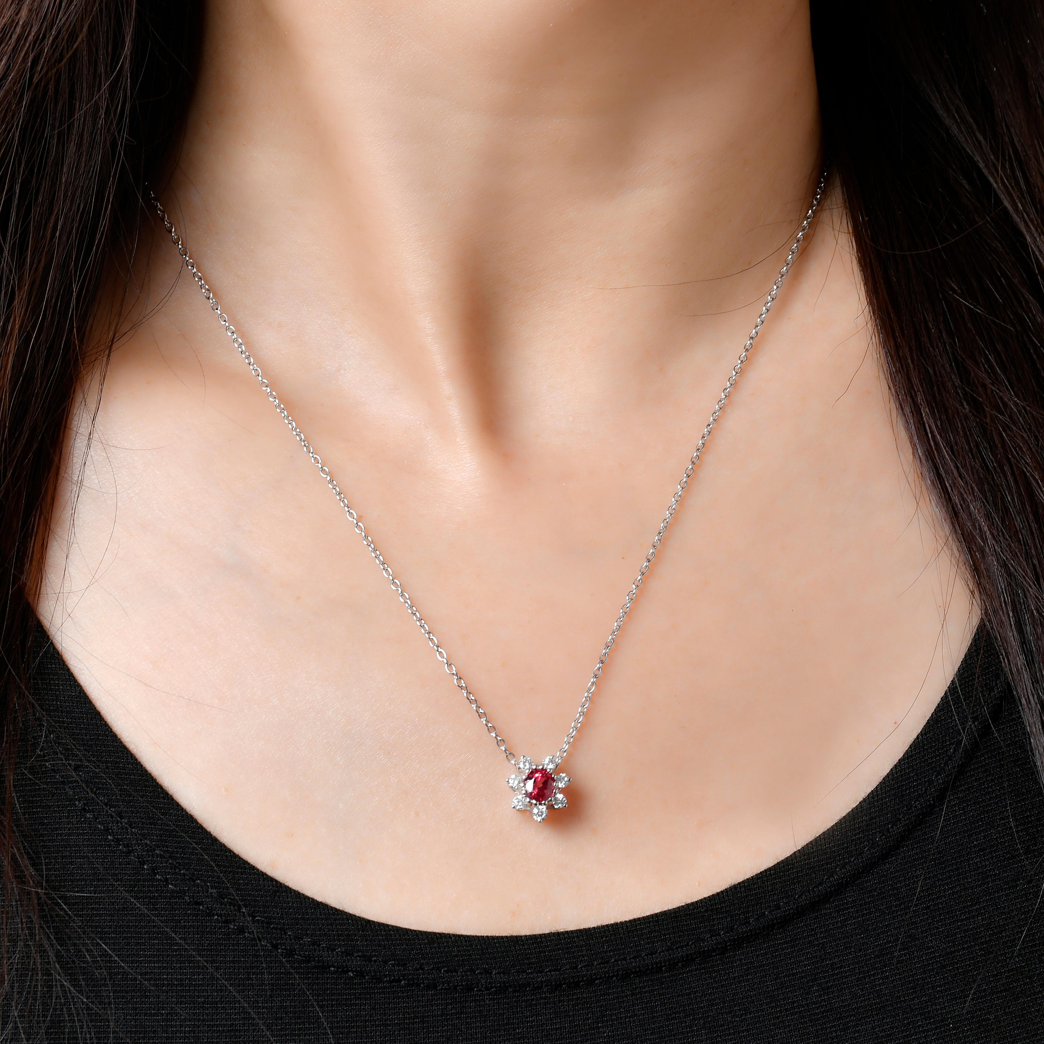 Indulge in luxury with our Spinel and Diamond Pendant. Handcrafted with 18K white gold, this pendant showcases a stunning raspberry spinel surrounded by sparkling VS diamonds. Elevate your style with this high-quality jewelry piece. The chain length
