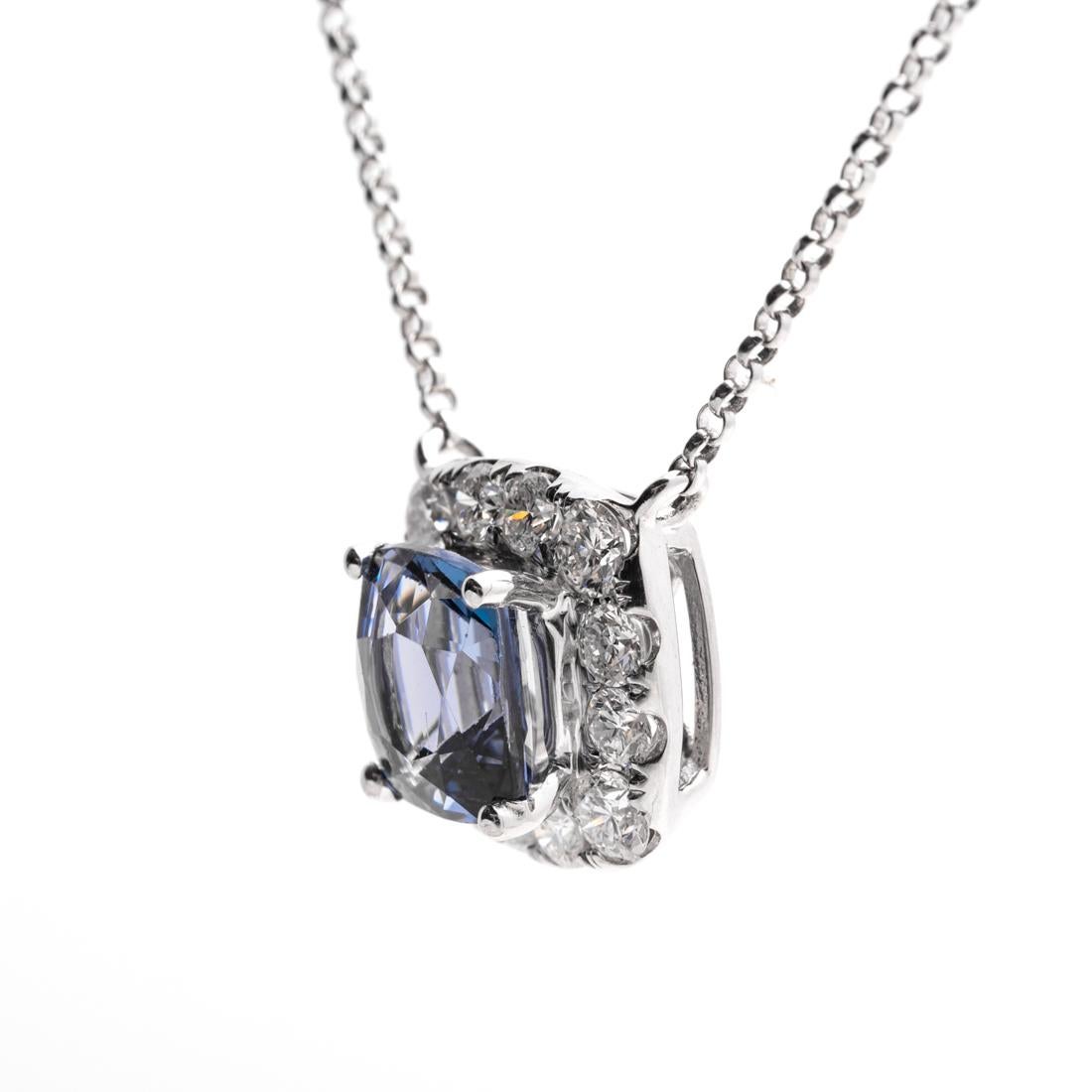 Spinel and Diamond Pendant with Chain
Cushion cut 18CT Natural Spinel set within a diamond bezel
Measuring 7.42 x 6.87 x 4.24mm
Supported by 18KT White Gold link chain, length 18 inches 
(12) Prong Set brilliant cut diamonds, approximate weight 0.57