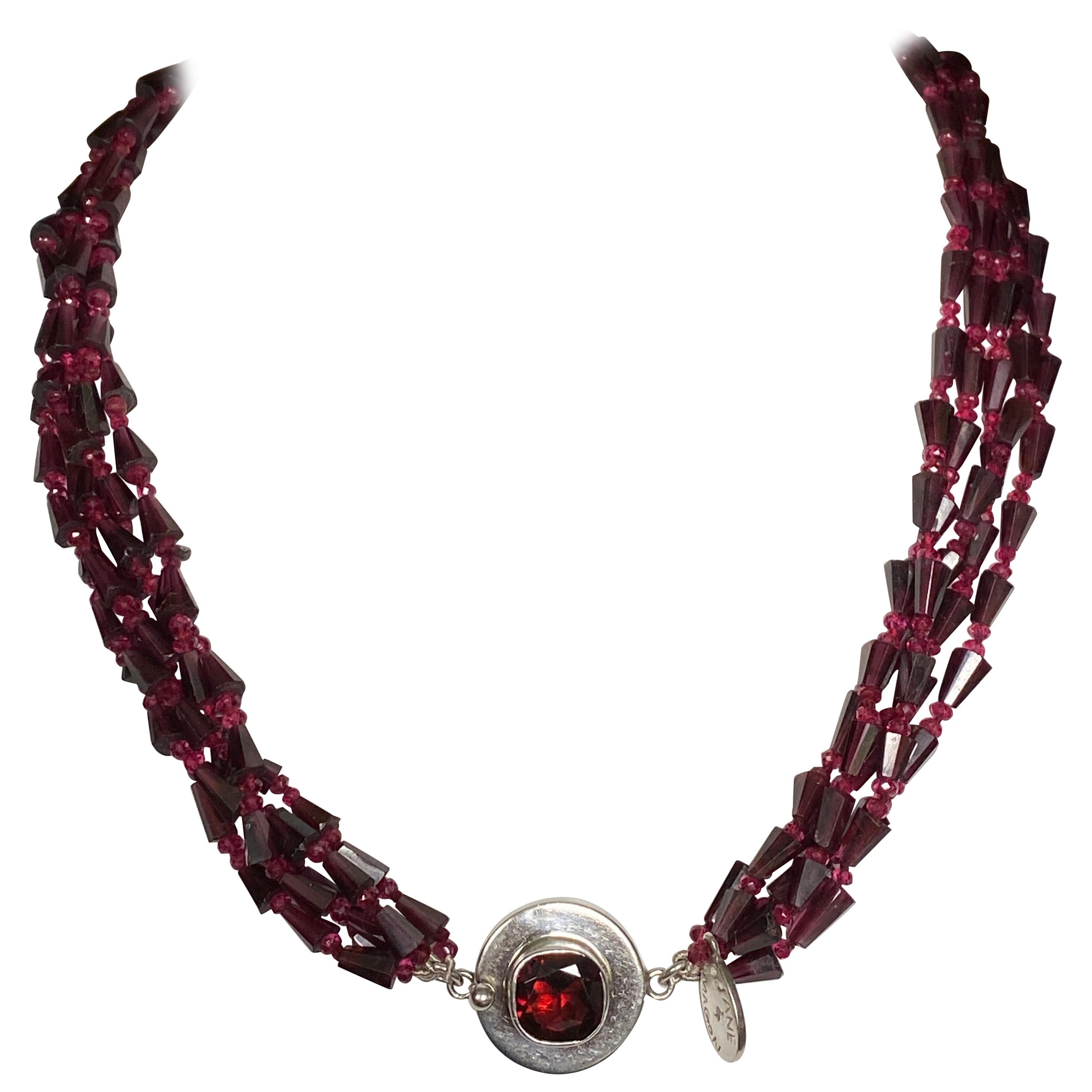 Spinel and Garnet 5 Strand Necklace with a Large Garnet in Sterling Silver Clasp For Sale