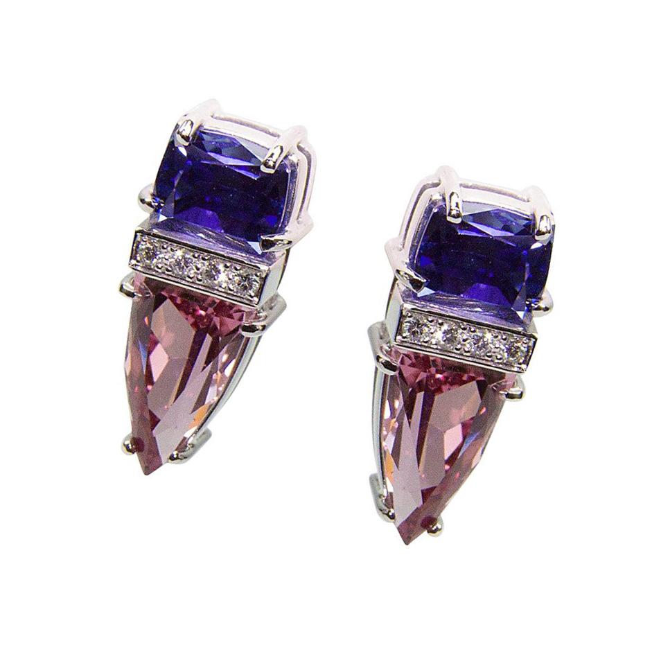 Mixed Cut Spinel and Tanzanite Diamond Gold Stud Earrings For Sale