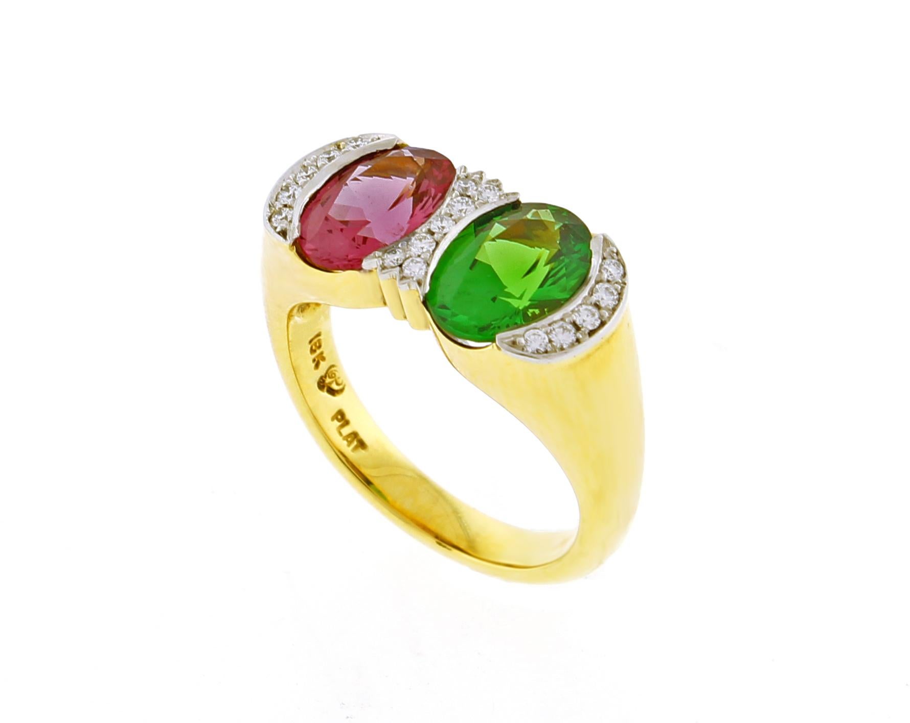 From the master ring makers of Pampillonia jewelers a twin oval pink Spinel, and Tsavorite diamond ring
♦ Designer: Pampillonia
♦ Metal: 18 karat and platinum
♦ Tsavorite =1.73 carats   
♦ Pink Spinel =1.66
♦ 7 diamonds=.11 carats
♦ Size 6,