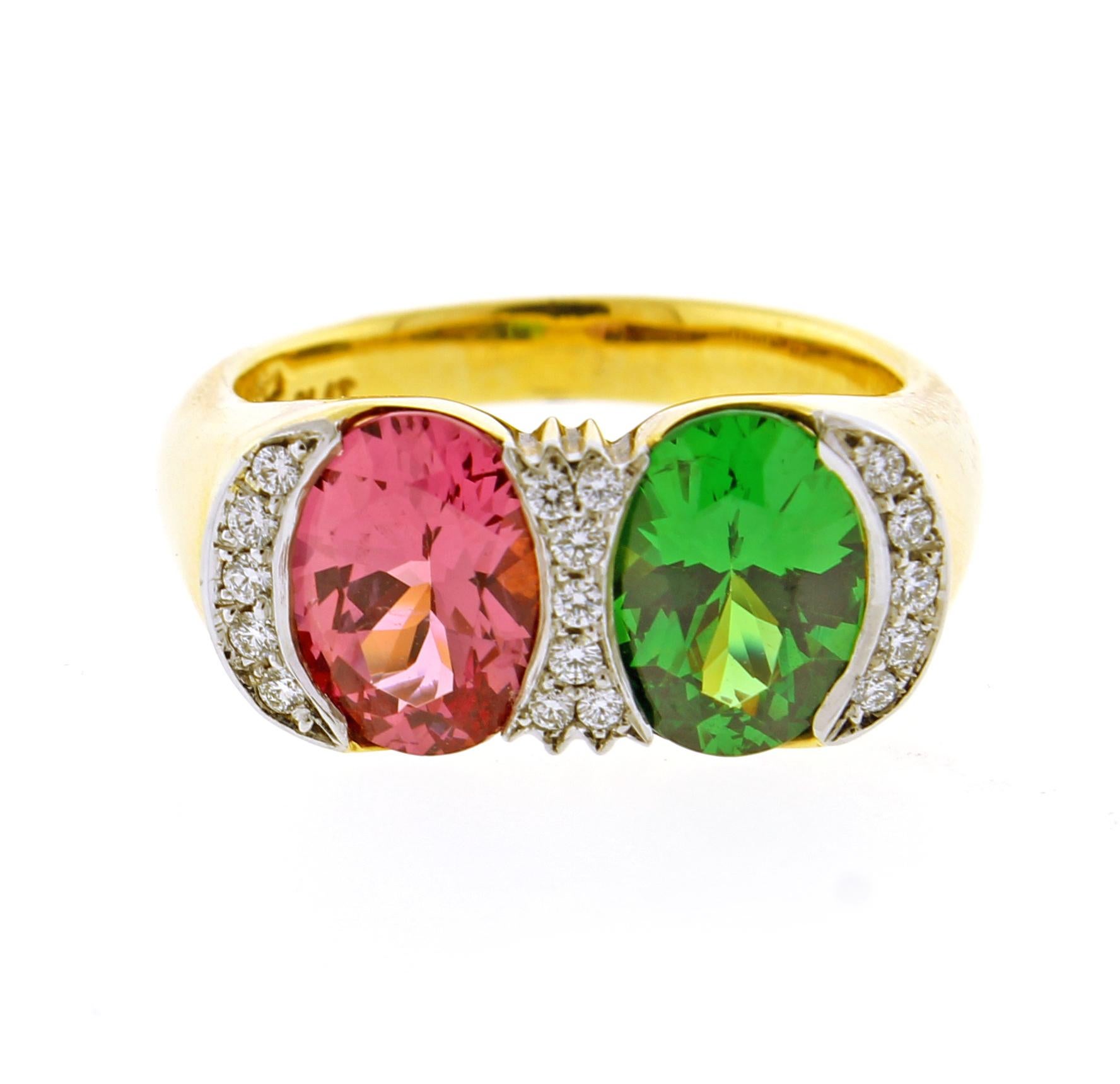 Oval Cut Spinel and Tsavorite Diamond Twin-Stone Ring by Pampillonia