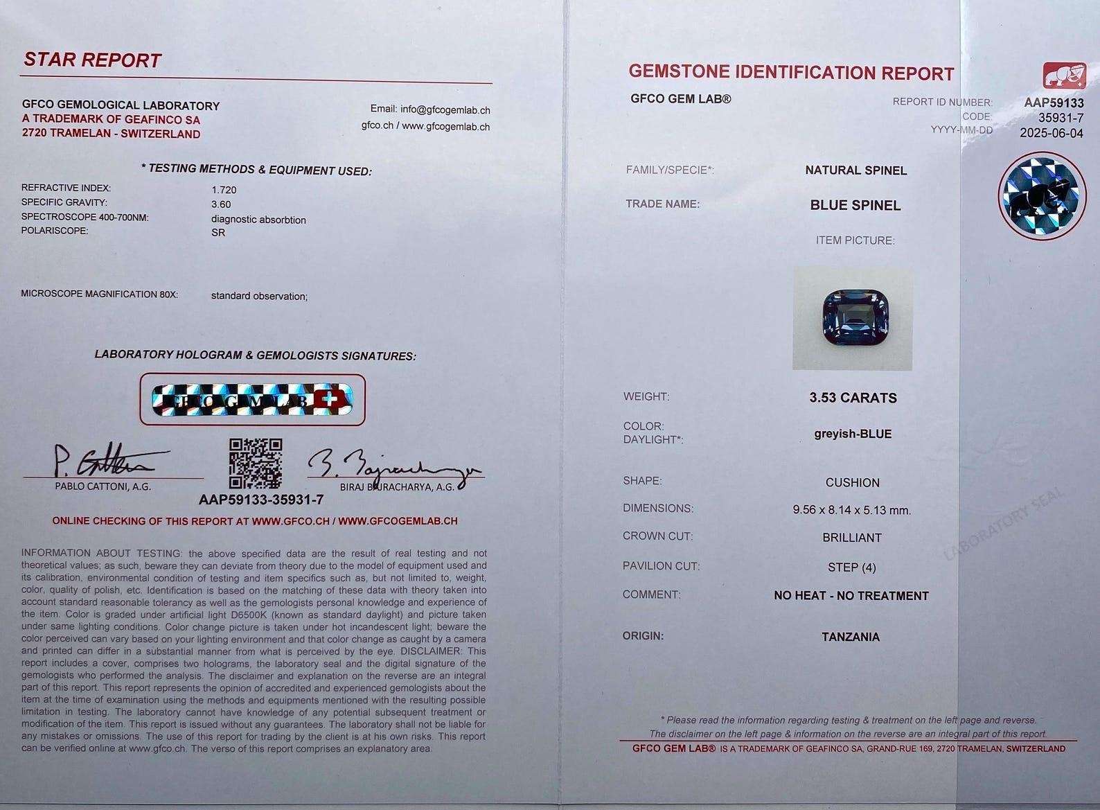 Espinela Azul 3,53Ct gema natural, talla cojín, Tanzania, Certificado GFCO Corte cojín en venta