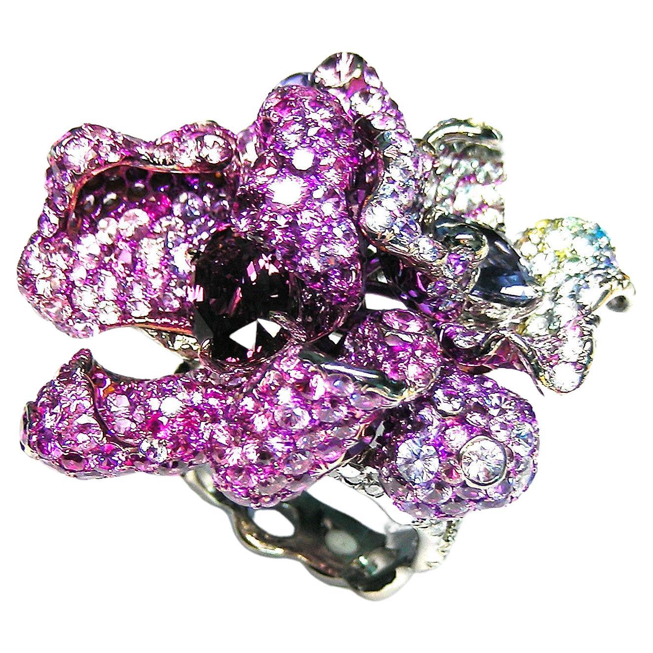 Spinel Blue and Pink Sapphires and Diamond Flower Ring in 18k Gold