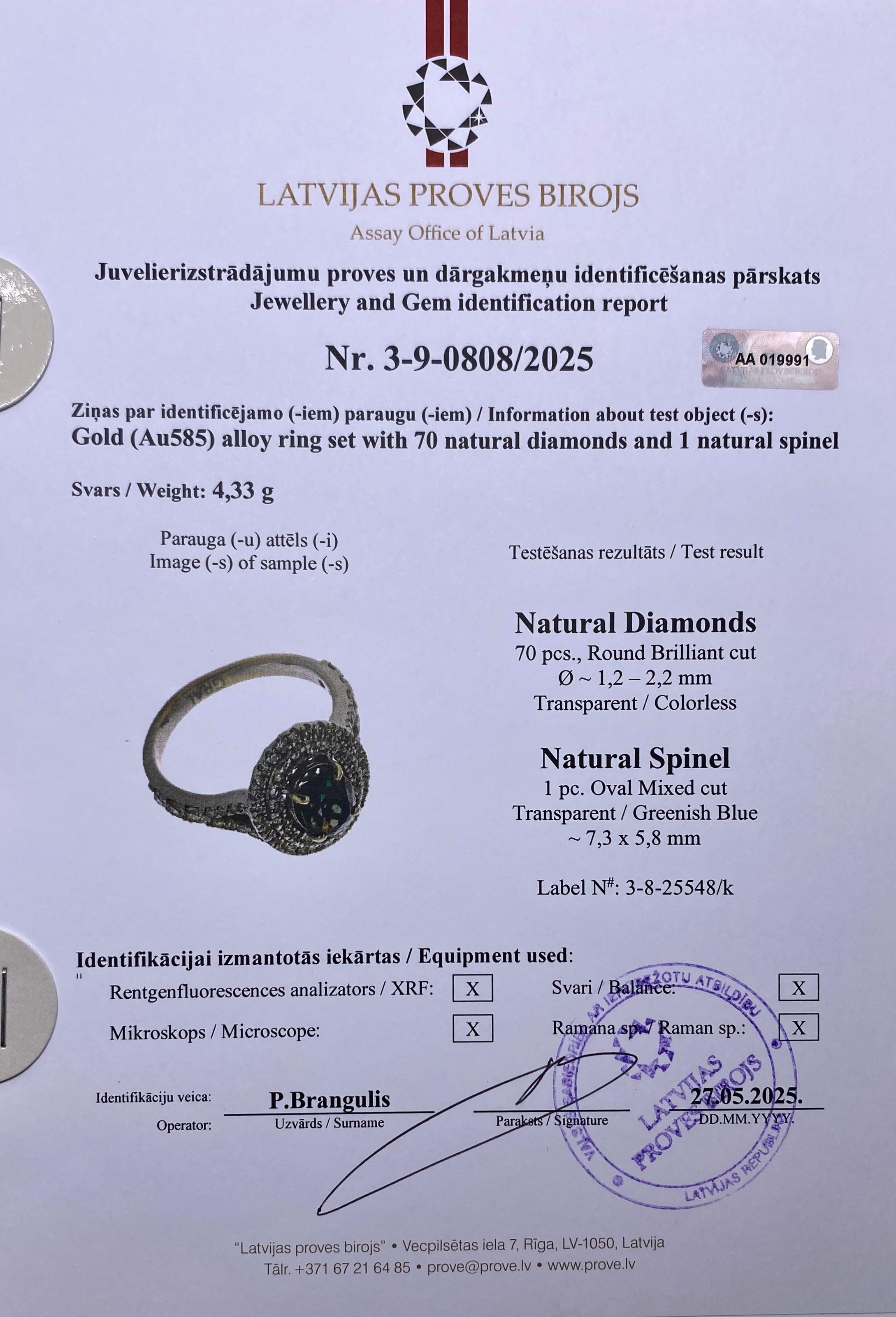 Spinel Blueish Green and Diamonds natural gemstone Ring, 14 Karat White Gold 7US For Sale 5