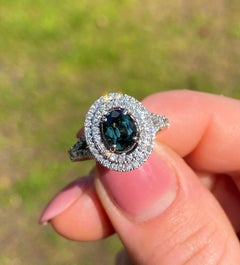Spinel Blueish Green and Diamonds natural gemstone Ring, 14 Karat White Gold 7US