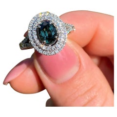 Spinel Blueish Green and Diamonds natural gemstone Ring, 14 Karat White Gold 7US