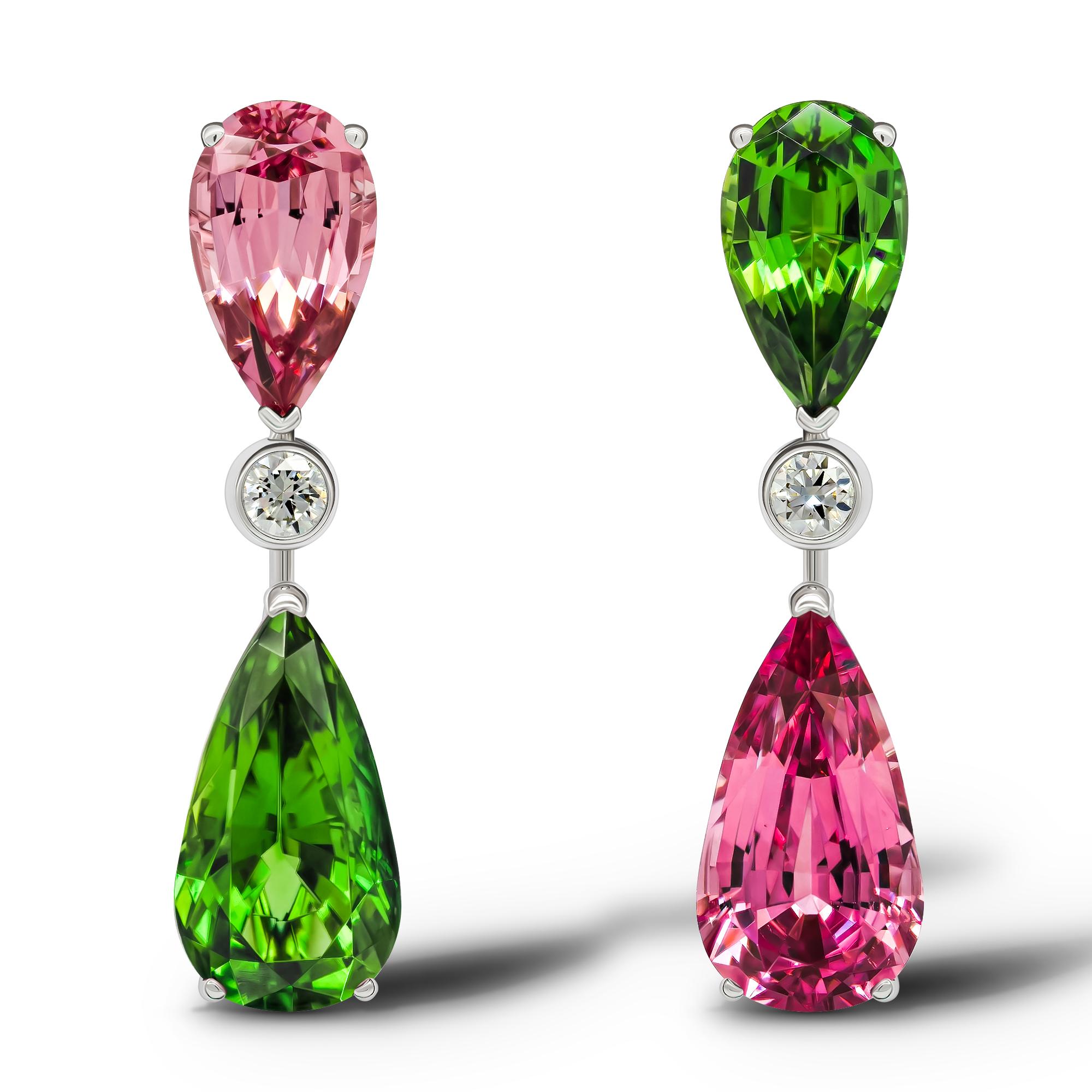 • 18k White Gold.
• Pink Spinels in pear cut – 2 pc, total carat weight 4.56.
• Chrome Tourmalines in pear cut – 2 pc, total carat weight 4.81.
• Diamonds in round cut – 2 pc, total carat weight 0.16.
• Product weight – 5.85 grams.
