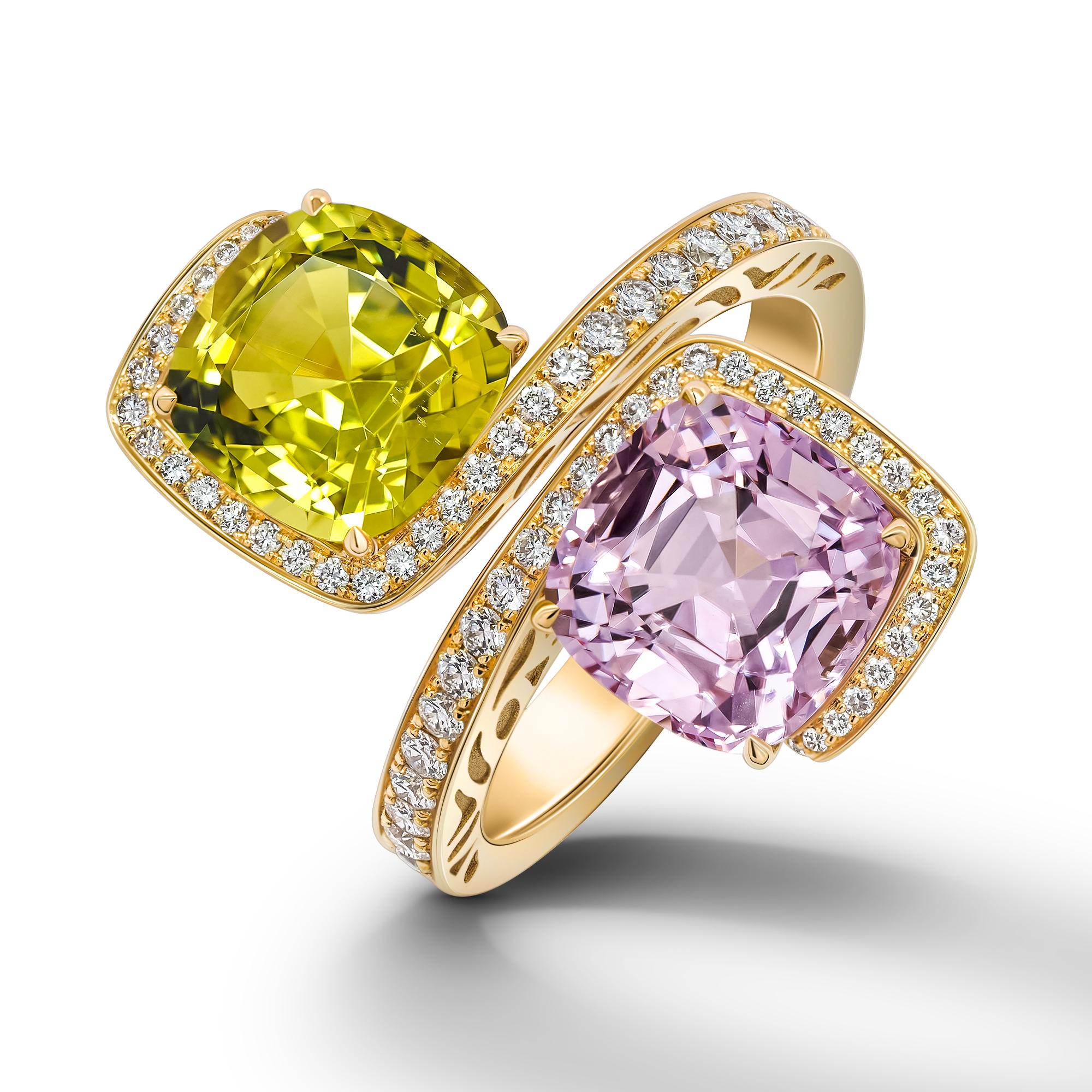 •	18K Yellow gold.  
•	Light Pink spinel in antique cushion cut – total carat weight 3.73. 
•	Yellow-Green Chrysoberyl in antique cushion cut – total carat weight 3.59. 
•	Diamonds – 70 pc in round cut – total carat weight 0.48.
•	Ring size –