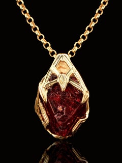 Spinel Crystal 18K Yellow Gold Pendant Dark Cherry Natural Raw Stone