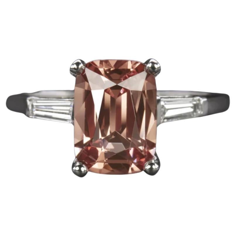 Spinel Diamond Platinum Ring Vintage Cocktail Peach Pink Cushion Shape 3 Stone For Sale