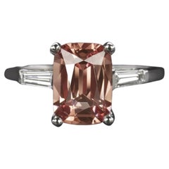 Spinel Diamond Platinum Ring Vintage Cocktail Peach Pink Cushion Shape 3 Stone