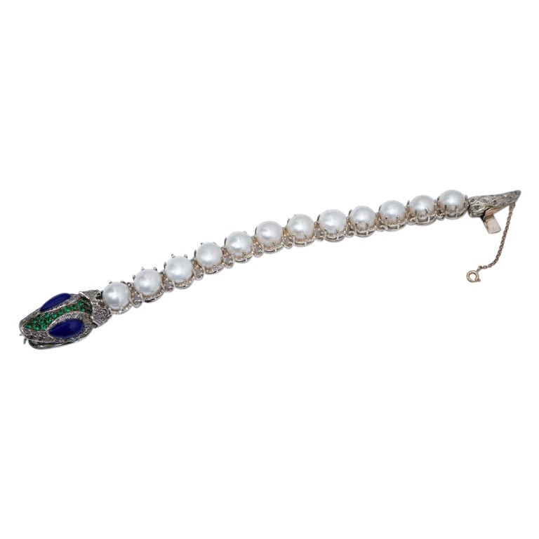 Spinel, Diamonds, Pearls, Lapis, Rose Gold and Silver Bracelet. For Sale
