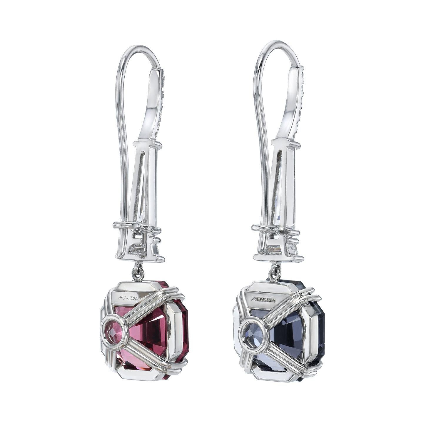 Rare and Exceptional 10.24 carat, Blue-Gray and Raspberry Spinel square octagon earrings, decorated with a total of 0.62 carat G/VS1 tapered baguette diamonds, a pair of 0.27 carat E/VS1 trapezoid diamonds, and a total of 0.15 carat round single cut