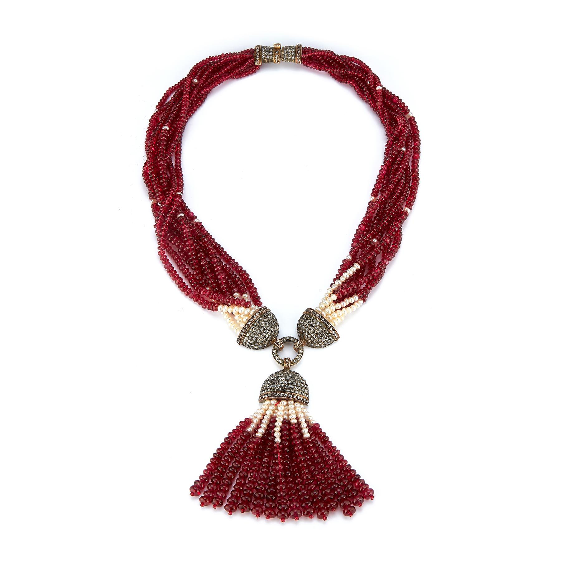 Spinel, Pearl & Diamond Multi Strand Tassel Necklace
Necklace Length: 16