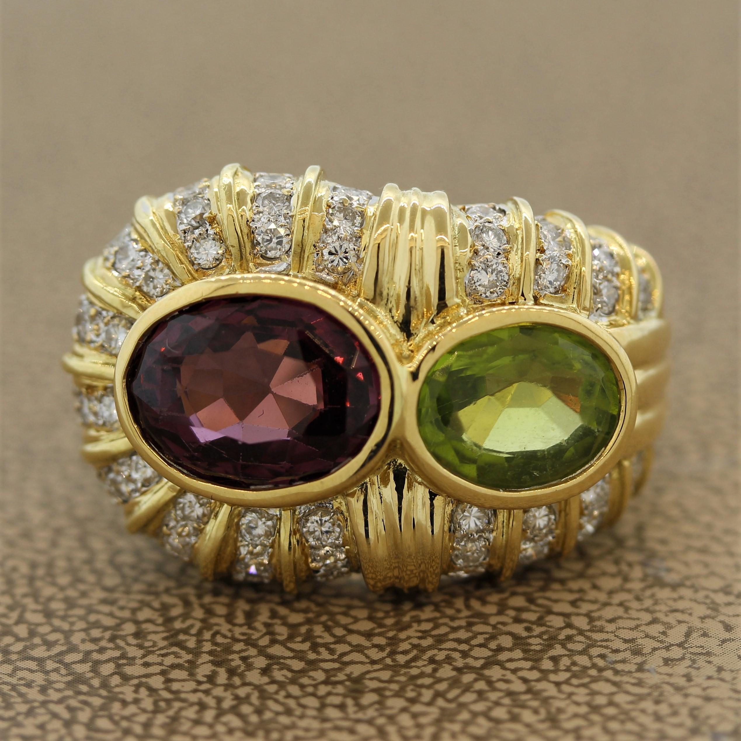 A truly unique one-of-a-kind ring. It features a fine purple spinel weighing 4.76 carats. Next to it is a 1.96 carat peridot which is also an oval shape and bezel set. The ring is accented by 0.95 carats of round brilliant cut diamonds which are set