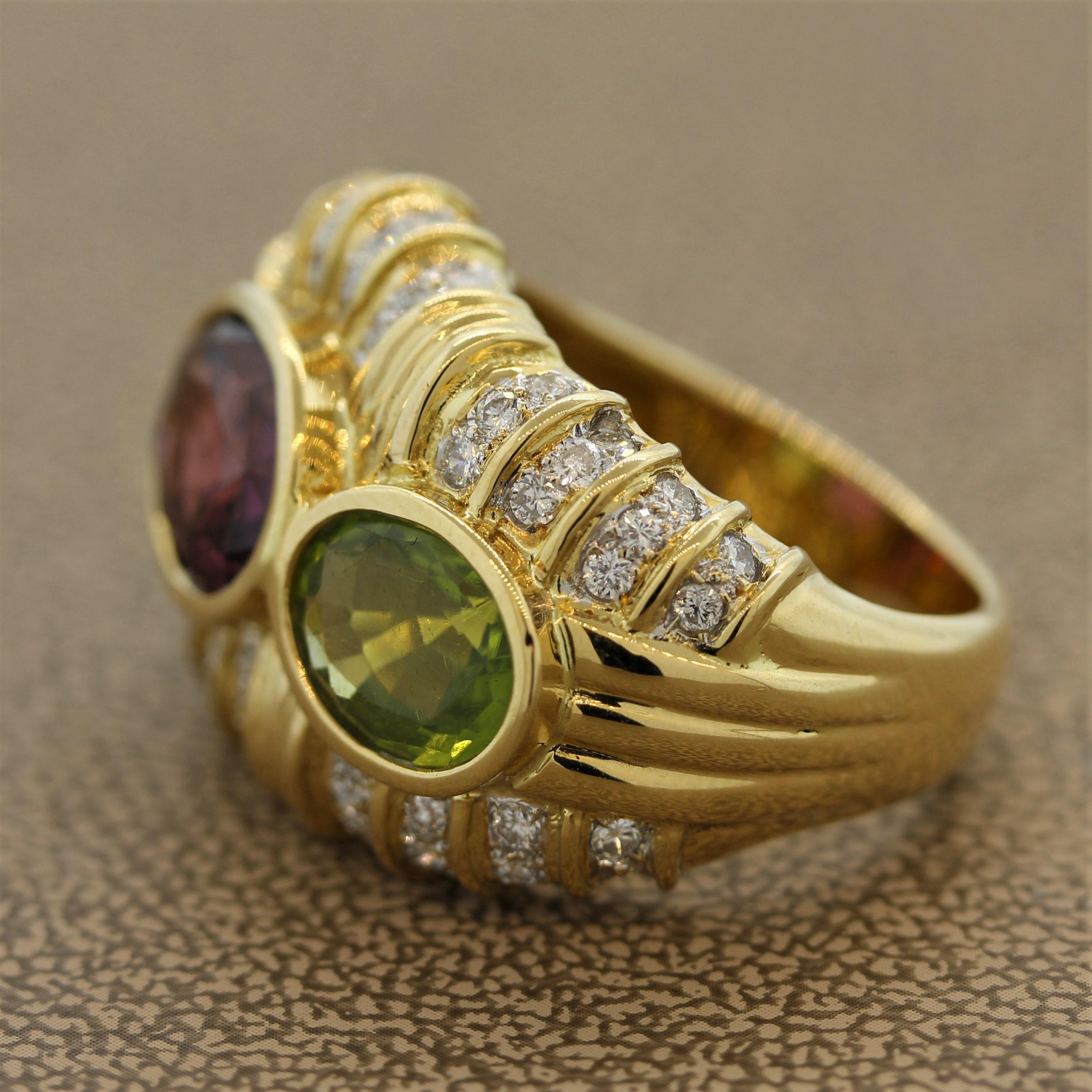 Mixed Cut Spinel Peridot Diamond Gold Cocktail Ring For Sale