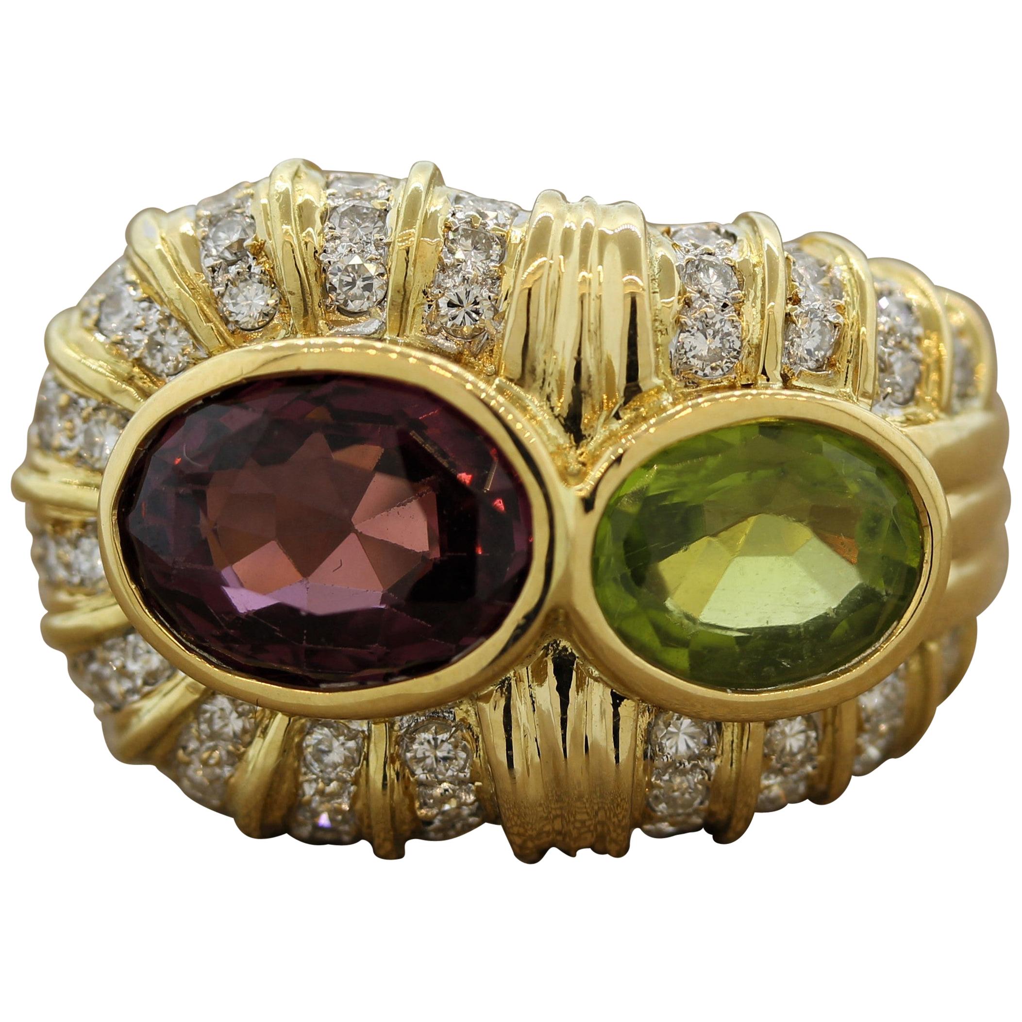 Spinel Peridot Diamond Gold Cocktail Ring For Sale