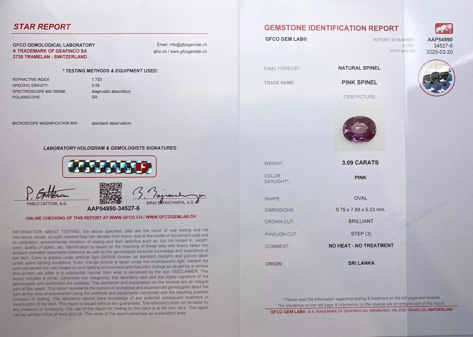 Spinell Pink lose 3.28Ct natürlicher Edelstein, Ovalschliff, Zertifikat GFCO, Sri Lanka im Zustand „Neu“ im Angebot in Daugavpils, LV