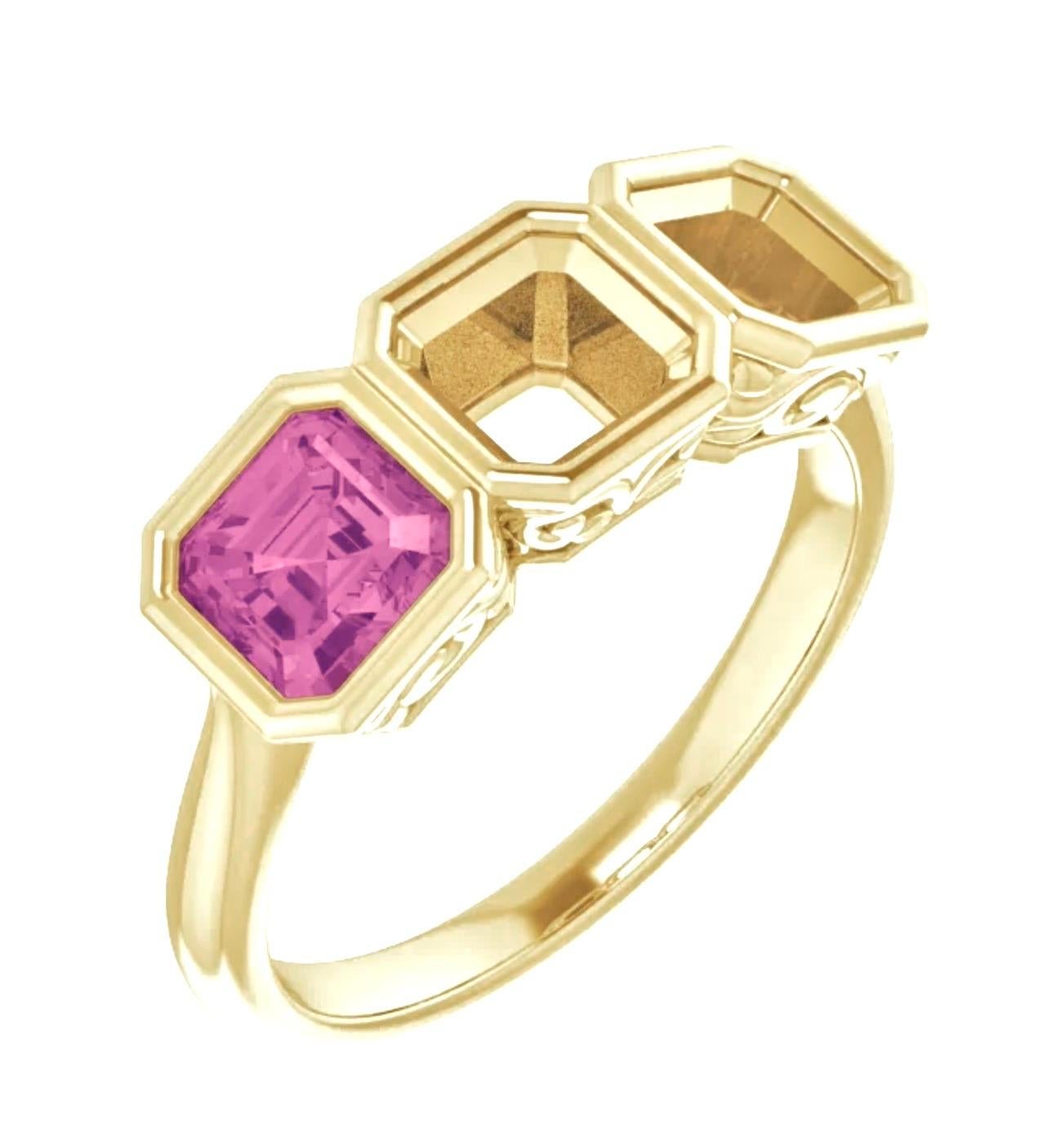 Asscher Cut Spinel Pink Three Stone Asscher Anniversary/Engagement 18K Yellow Gold Ring For Sale