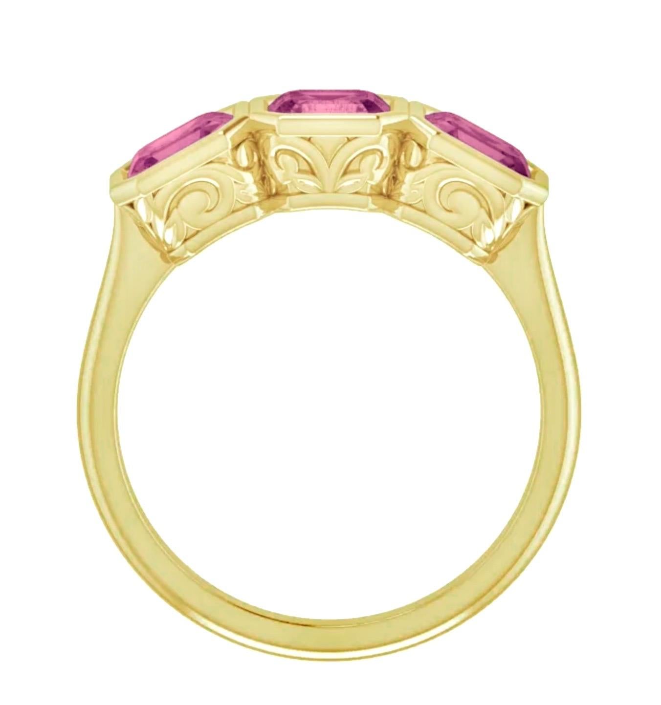 Women's or Men's Spinel Pink Three Stone Asscher Anniversary/Engagement 18K Yellow Gold Ring For Sale