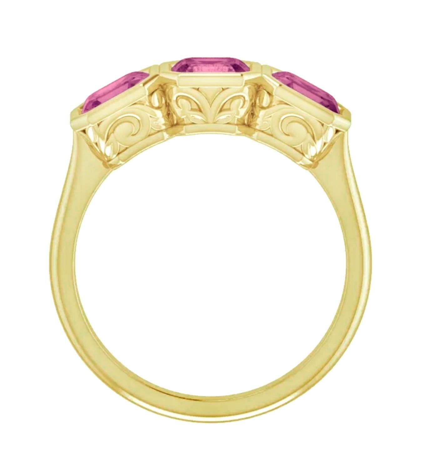 Asscher Cut Spinel Pink Three Stone Asscher Anniversary/Engagement 18K Yellow Gold Ring For Sale
